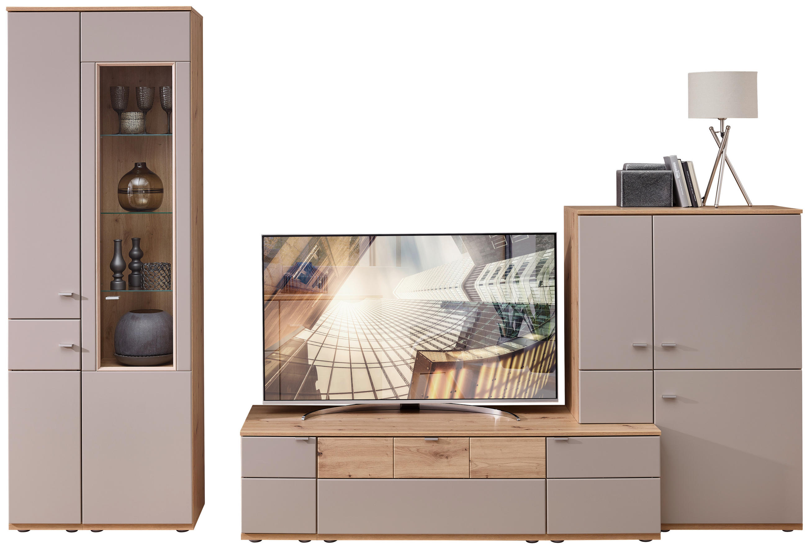 WOHNWAND  in Grau, Buchefarben, Alteiche  315/215/53 cm  - Alteiche/Buchefarben, KONVENTIONELL, Glas/Holzwerkstoff (315/215/53cm) - Venda