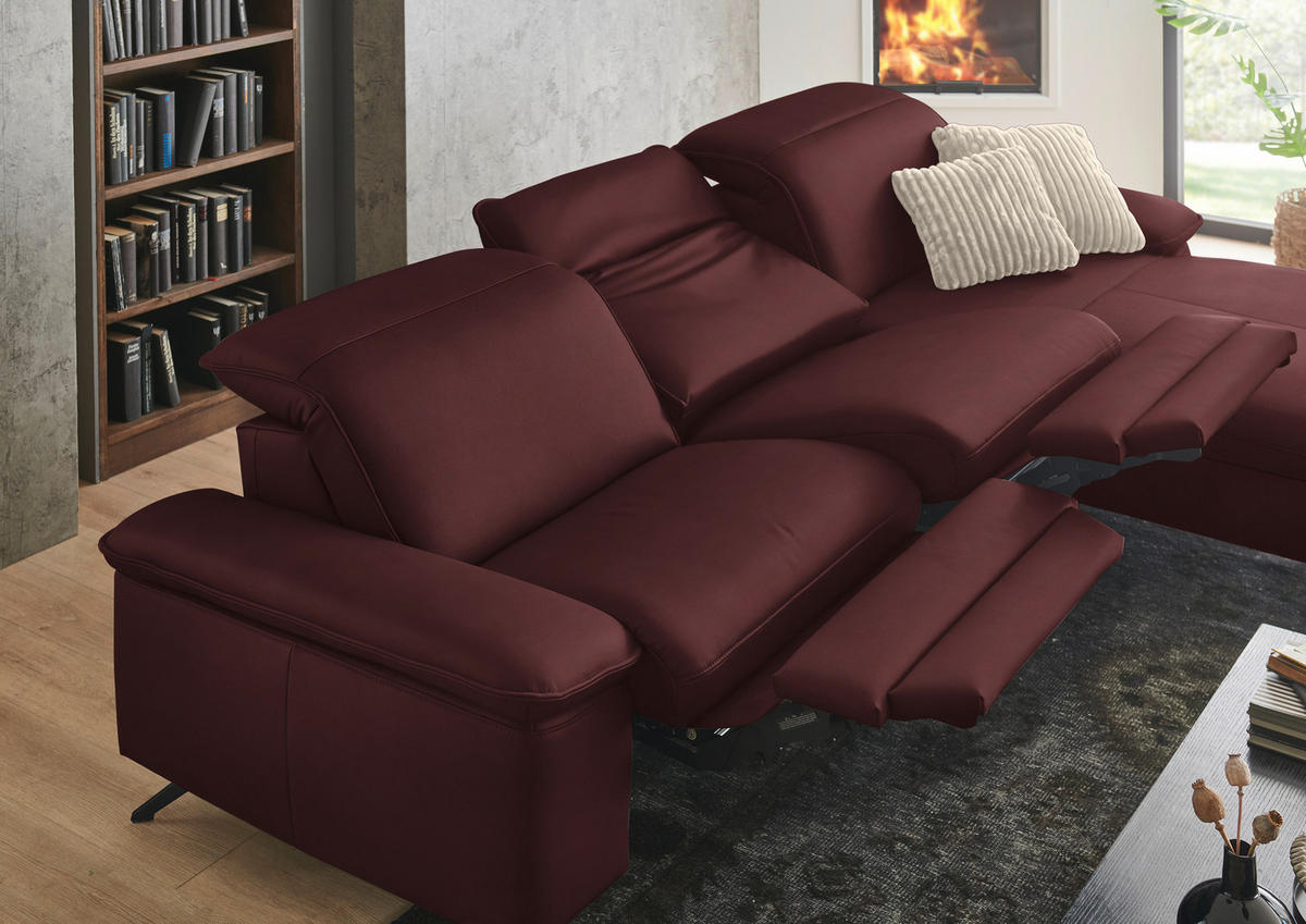 ECKSOFA  Echtleder Beere  - Beere/Schwarz, Design, Leder/Metall (307/169cm) - Beldomo Premium