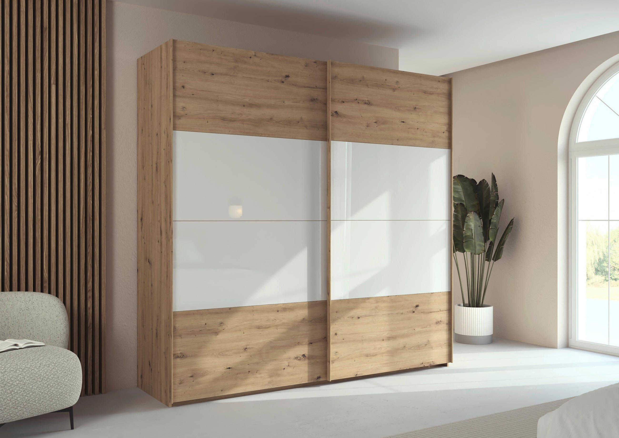 SCHWEBETÜRENSCHRANK - Eichefarben/Weiß, Design, Glas/Holzwerkstoff (226/223/68cm) - Xora