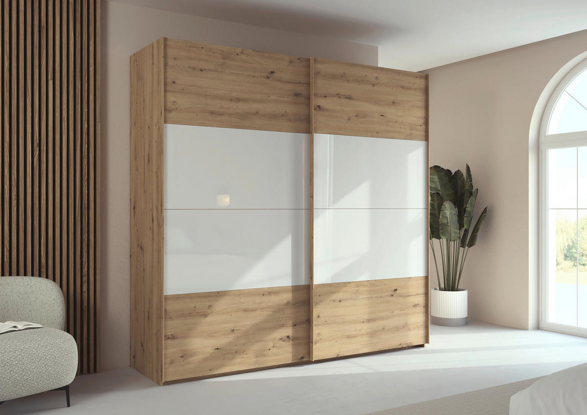 SCHWEBETÜRENSCHRANK - Eichefarben/Weiß, Design, Glas/Holzwerkstoff (226/223/68cm) - Xora
