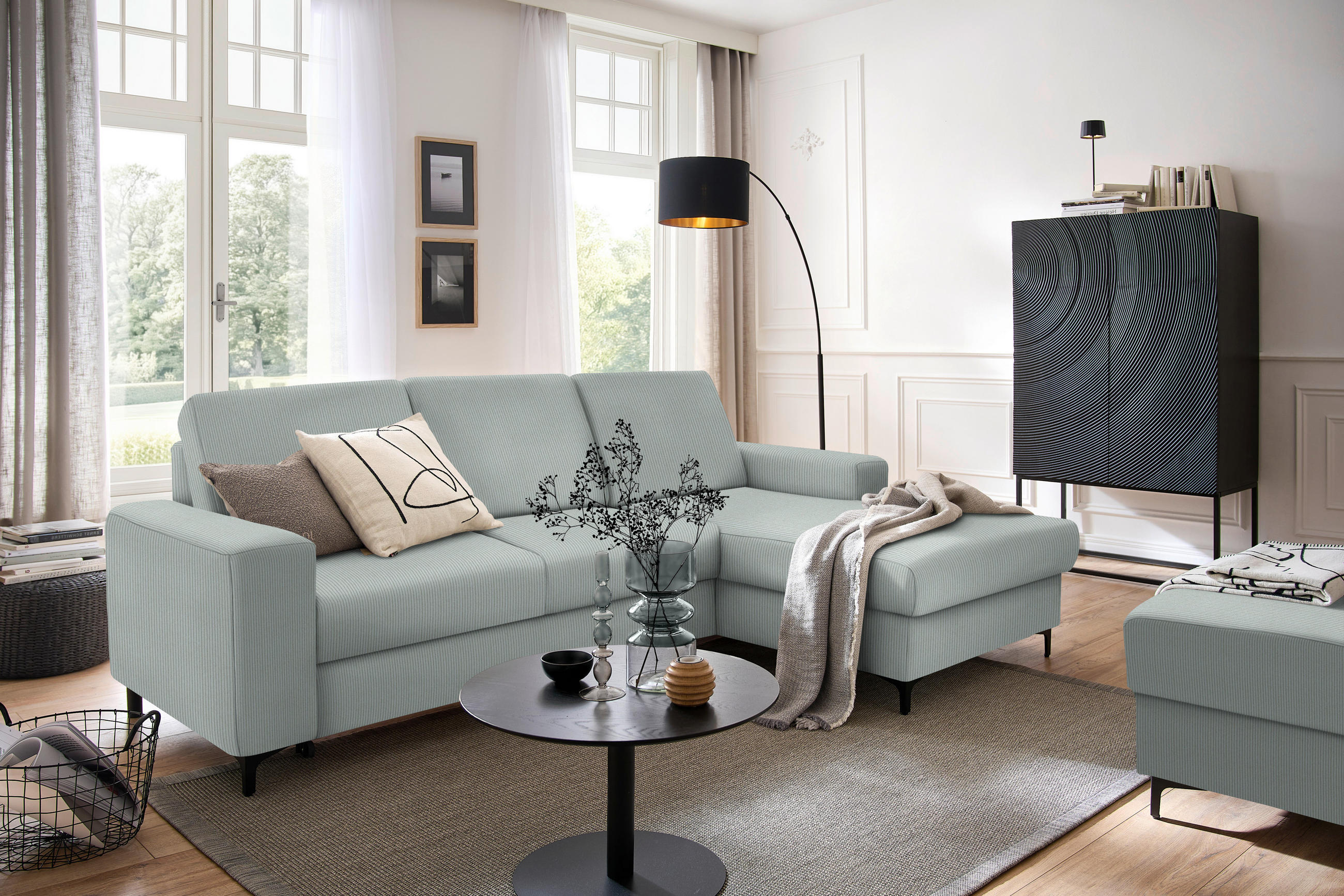 ECKSOFA in Cord Hellgrau  - Hellgrau/Schwarz, Konventionell, Textil/Metall (247/167cm) - Stylife