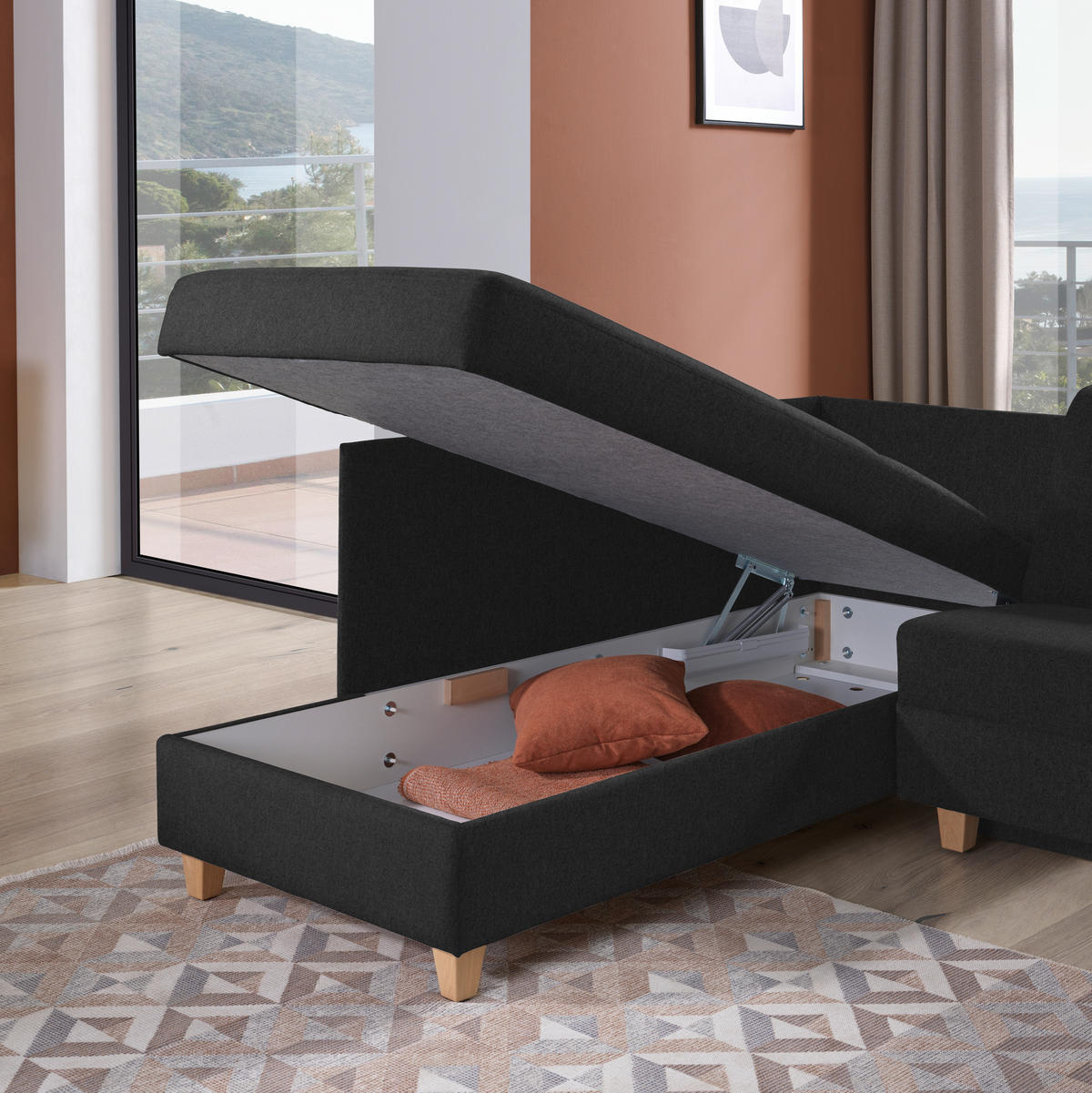 ECKSOFA  in Flachgewebe Anthrazit  203/261 cm  - Eichefarben/Anthrazit, KONVENTIONELL, Holz/Textil (203/261cm) - Sedda