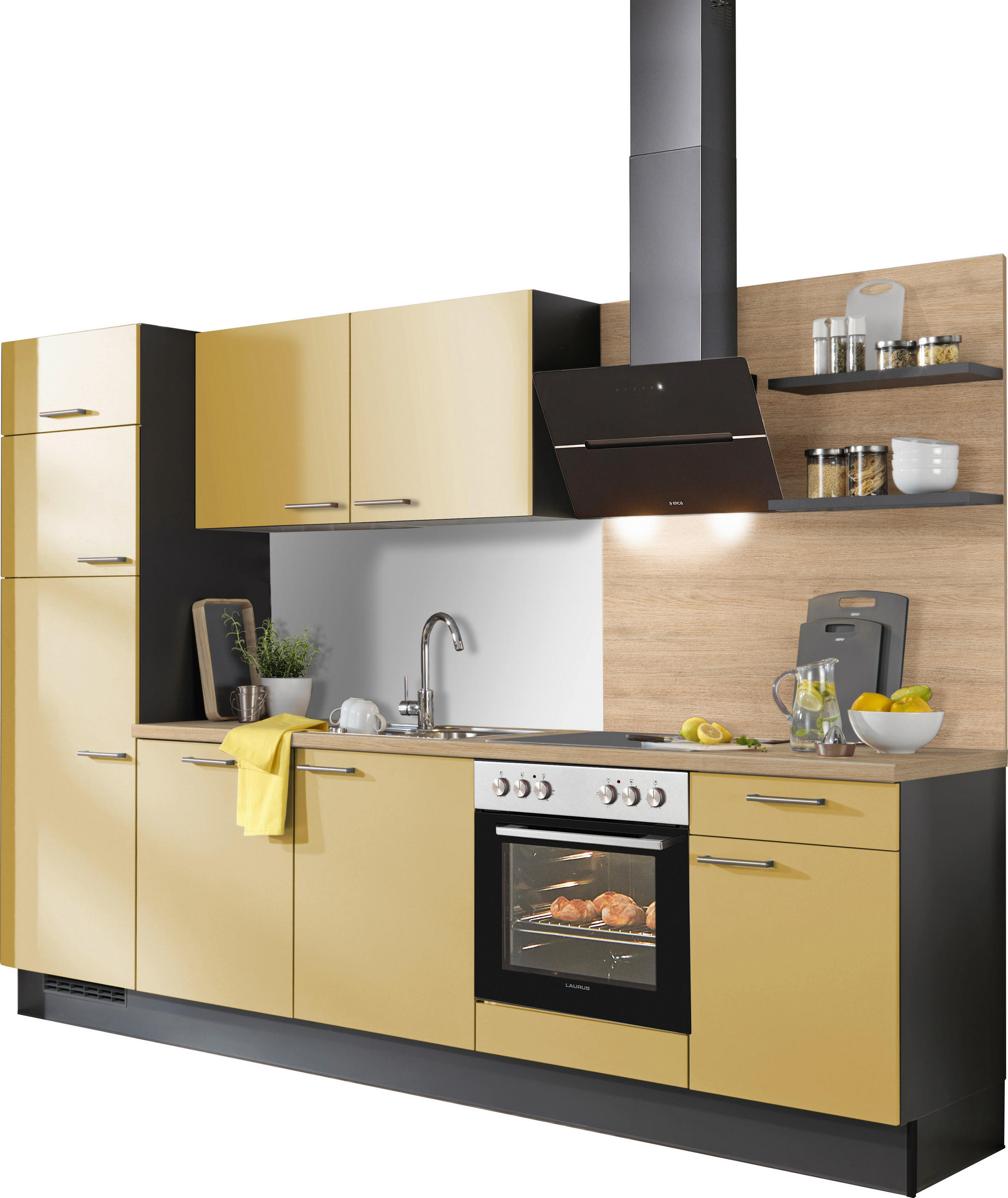 KÜCHENBLOCK XO 15 290 cm  in Graphitfarben, Eichefarben, Dunkelgelb  - Edelstahlfarben/Eichefarben, Design, Holzwerkstoff/Metall (290cm) - Xora