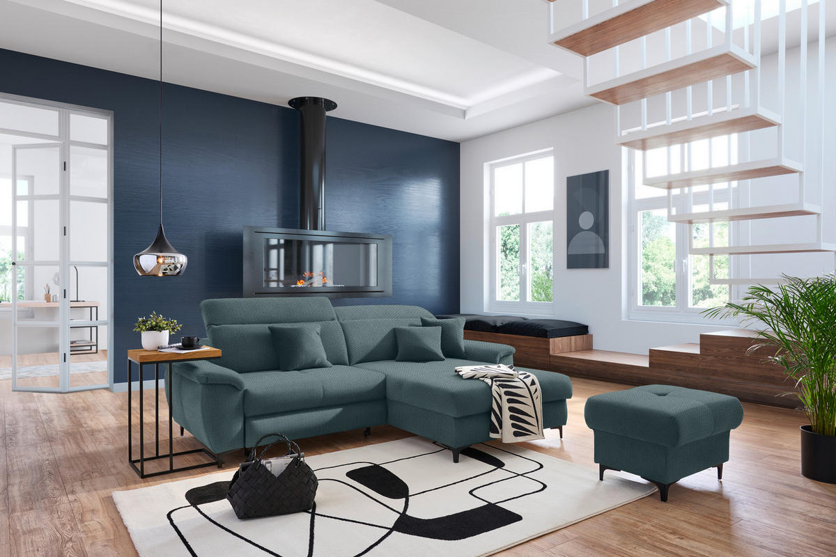 ECKSOFA in Chenille Petrol  - Petrol/Schwarz, Design, Textil/Metall (185/256cm) - Stylife