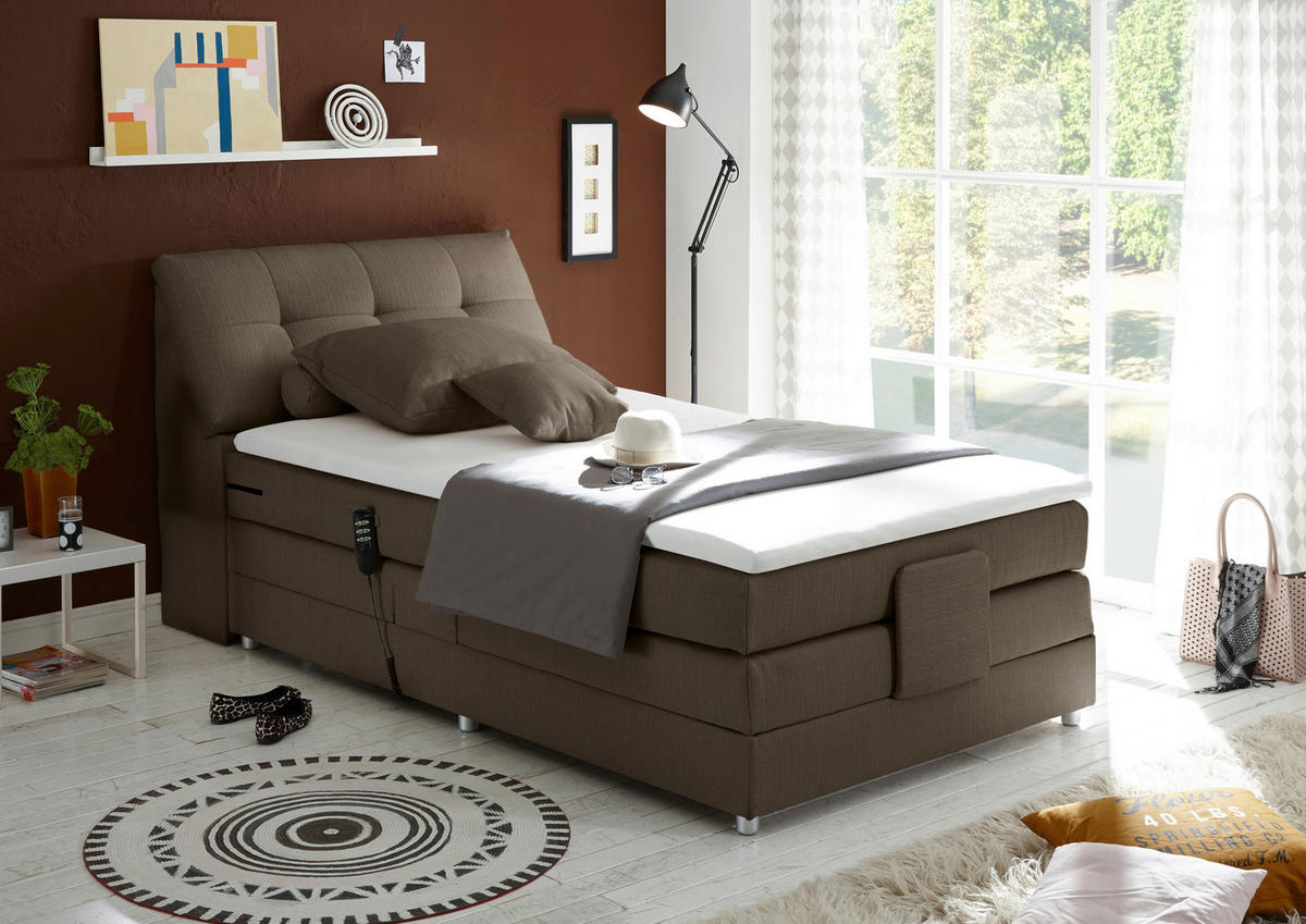 BOXSPRINGBETT 120/200 cm,  in Dunkelbraun, Matratze, Bettkasten, Topper, motorische Verstellbarkeit, H2 = mittel  - Dunkelbraun/Silberfarben, Design, Kunststoff/Textil (120/200cm) - Esposa