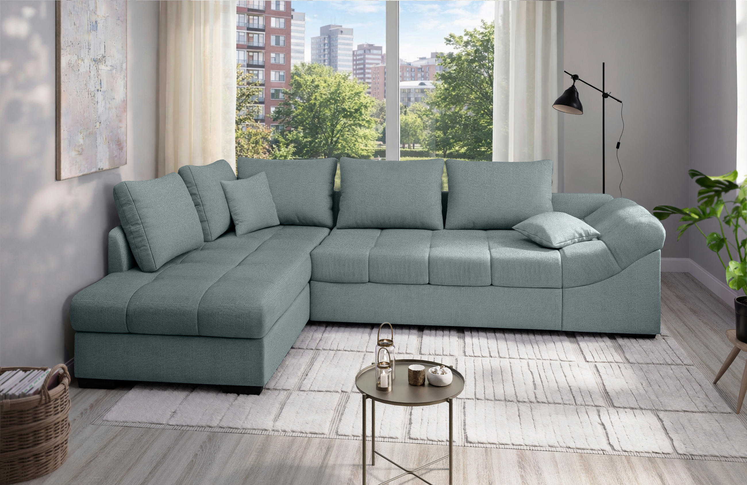 ECKSCHLAFSOFA Alvito in Chenille Mintgrün  - Schwarz/Mintgrün, MODERN, Holz/Textil (202/298cm) - MID.YOU