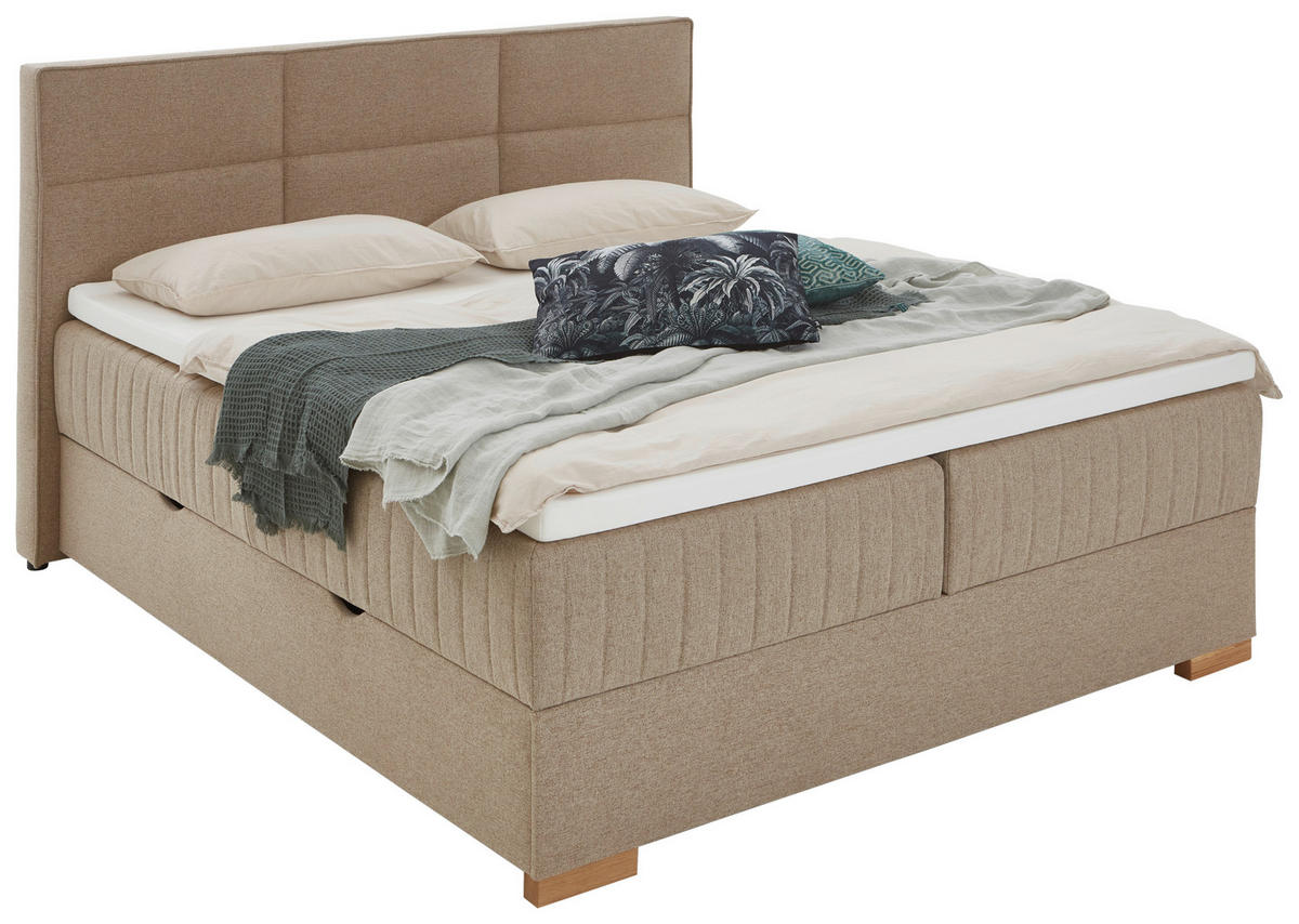 BOXSPRINGBETT 180/200 cm,  in Taupe, Bettkasten, Topper, H3 = fest  - Taupe/Eichefarben, KONVENTIONELL, Holz/Textil (180/200cm) - Boxxx