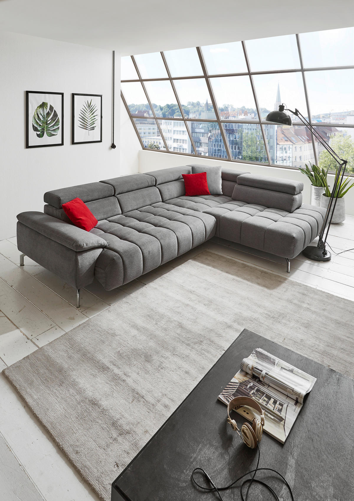 ECKSOFA Grau Chenille  - Chromfarben/Grau, Design, Textil/Metall (323/222cm) - Beldomo Style