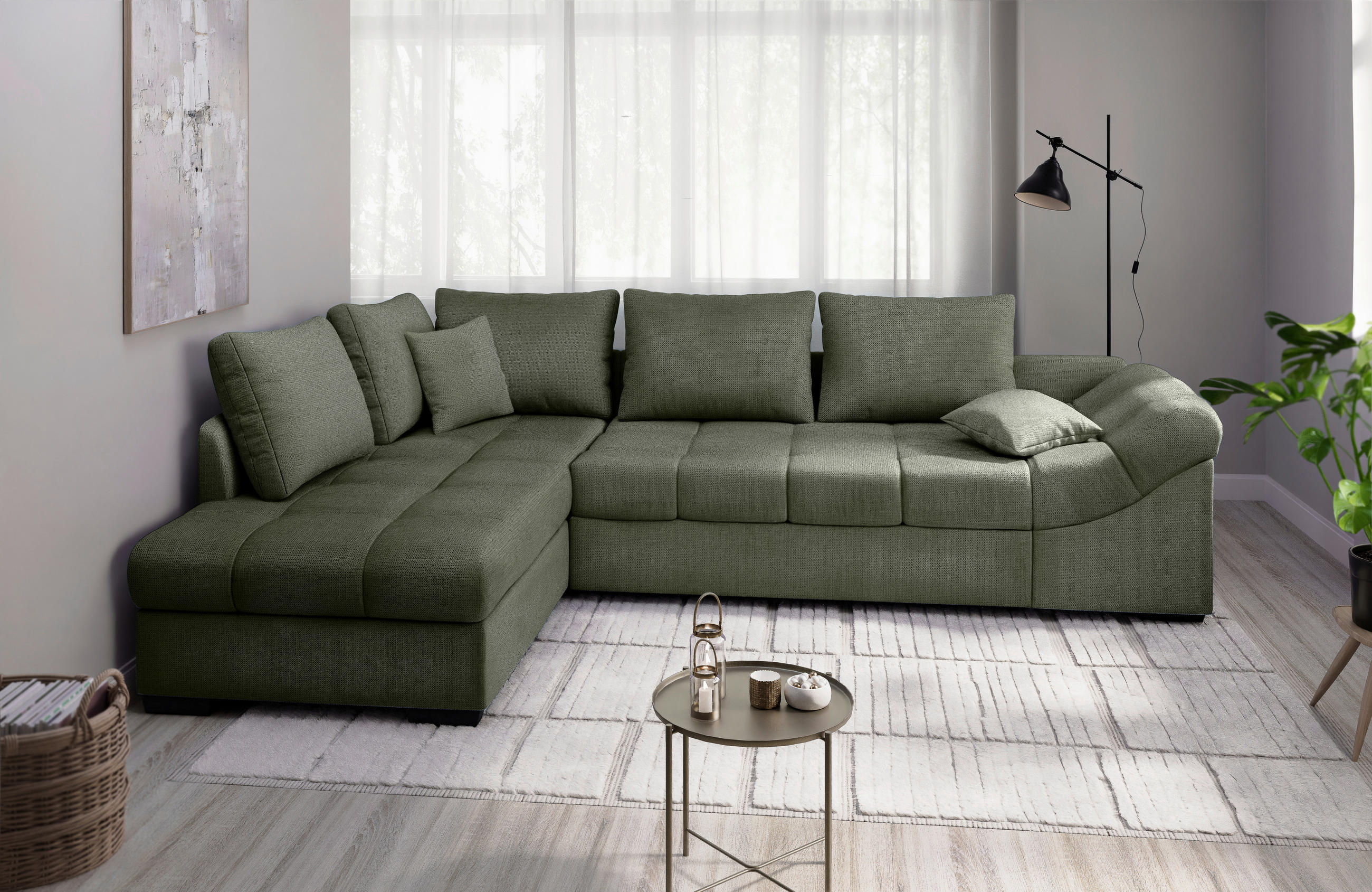 ECKSCHLAFSOFA Alvito Dunkelgrün Chenille  - Dunkelgrün/Schwarz, MODERN, Holz/Textil (202/298cm) - MID.YOU