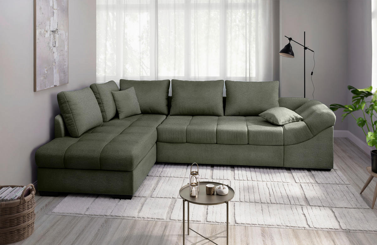 ECKSCHLAFSOFA Alvito Dunkelgrün Chenille  - Dunkelgrün/Schwarz, MODERN, Holz/Textil (202/298cm) - MID.YOU