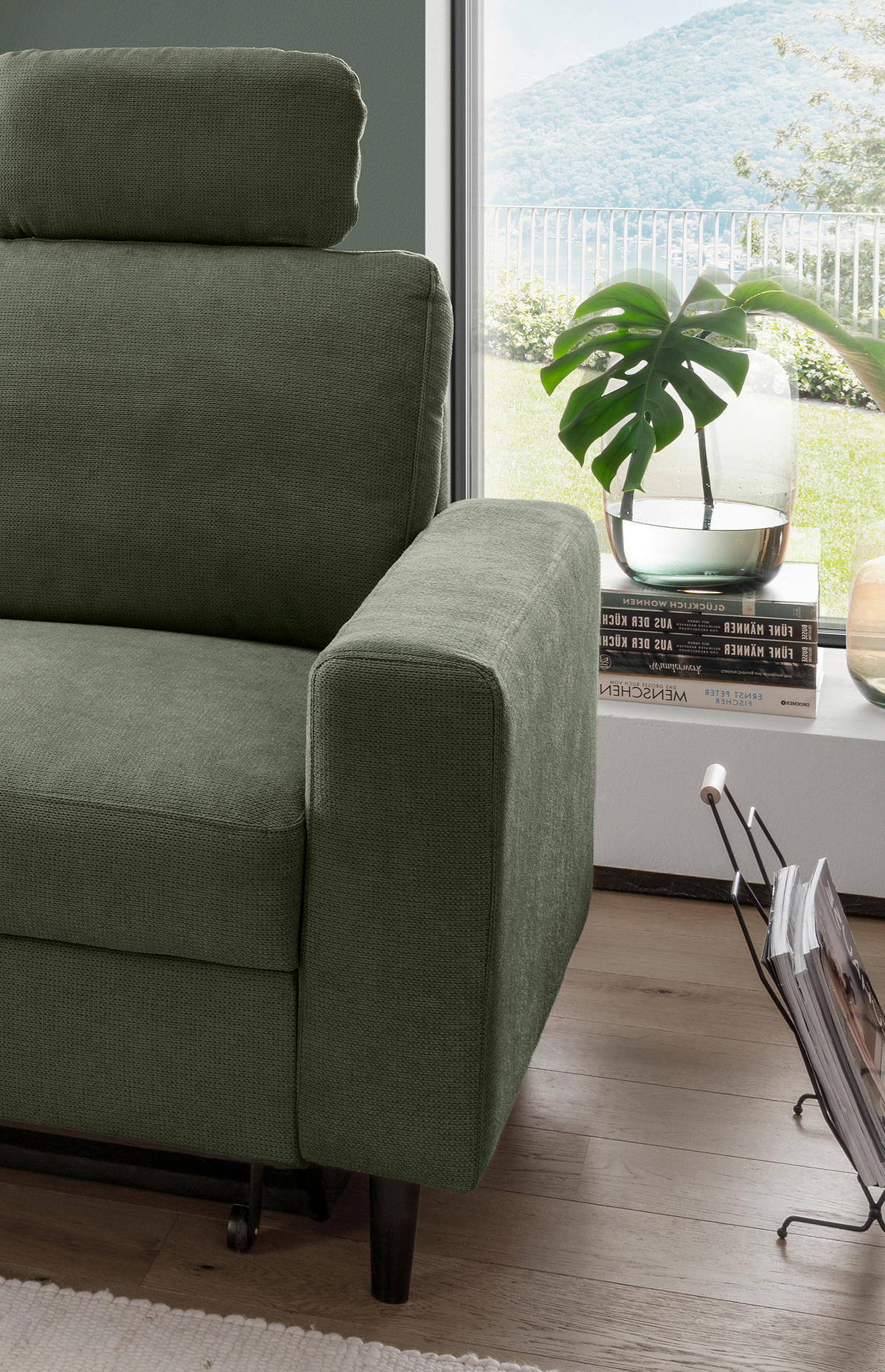 ECKSCHLAFSOFA Chenille Dunkelgrün  - Dunkelgrün/Schwarz, MODERN, Holz/Textil (147/234cm) - Livetastic