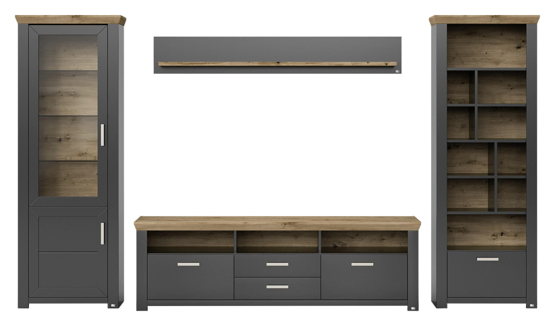 WOHNWAND Graphitfarben, Eiche Artisan - Graphitfarben/Eiche Artisan, Design, Glas/Holzwerkstoff (370/206,6/51,2cm) - SetOne by Musterring