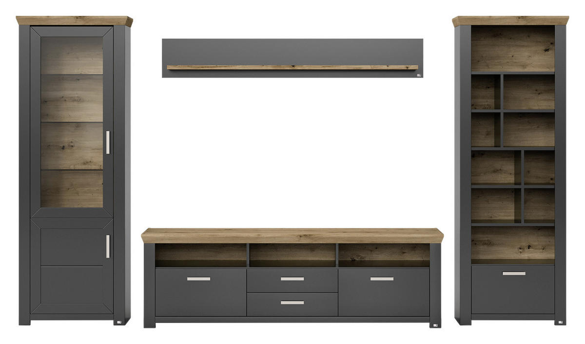 WOHNWAND  in Graphitfarben, Eiche Artisan  370/206,6/51,2 cm  - Graphitfarben/Eiche Artisan, Design, Glas/Holzwerkstoff (370/206,6/51,2cm) - SetOne by Musterring