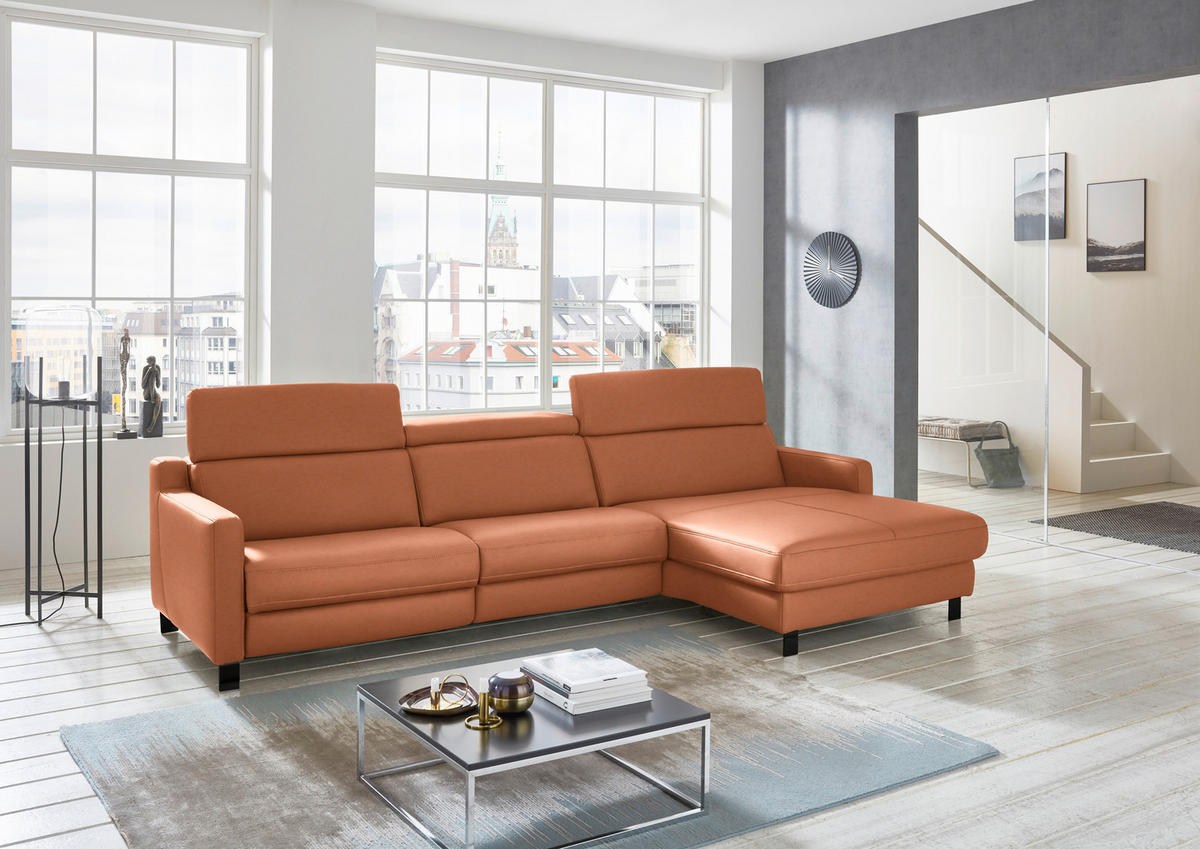 ECKSOFA in Echtleder Cognac  - Cognac/Schwarz, Design, Leder/Metall (291/176cm) - Valdera
