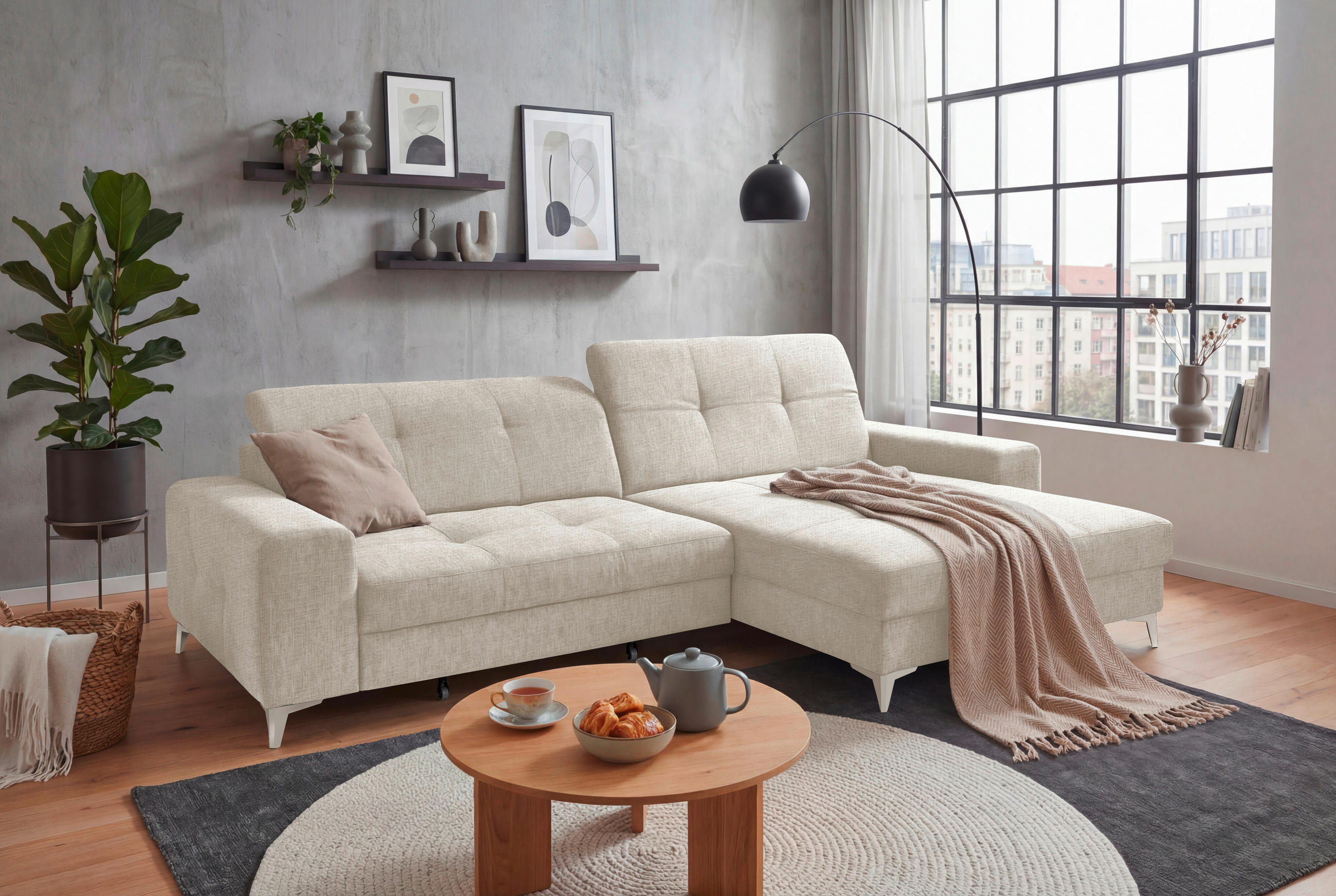 ECKSOFA SORELLA Creme Chenille Kopfteilverstellung, Sitztiefenverstellung  - Kaschmir/Creme, Design, Kunststoff/Textil (328/182cm) - MID.YOU