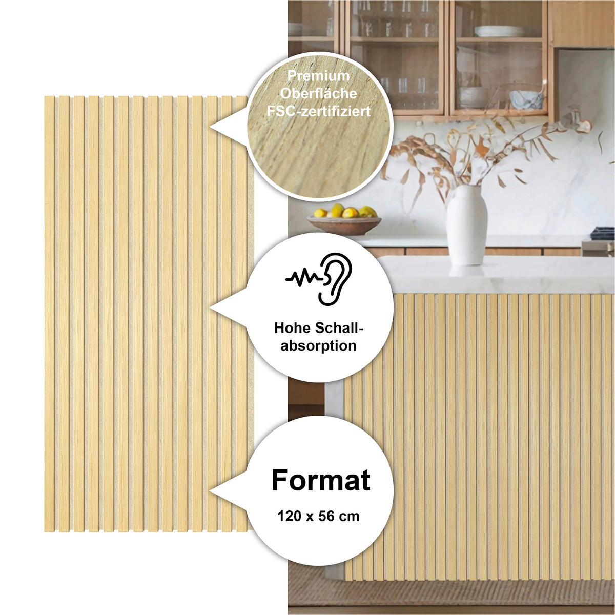 AKUSTIKPANEEL Echtholz Lean  - Eichefarben/Beige, KONVENTIONELL, Holz/Kunststoff (120/56/1.6cm) - Novel