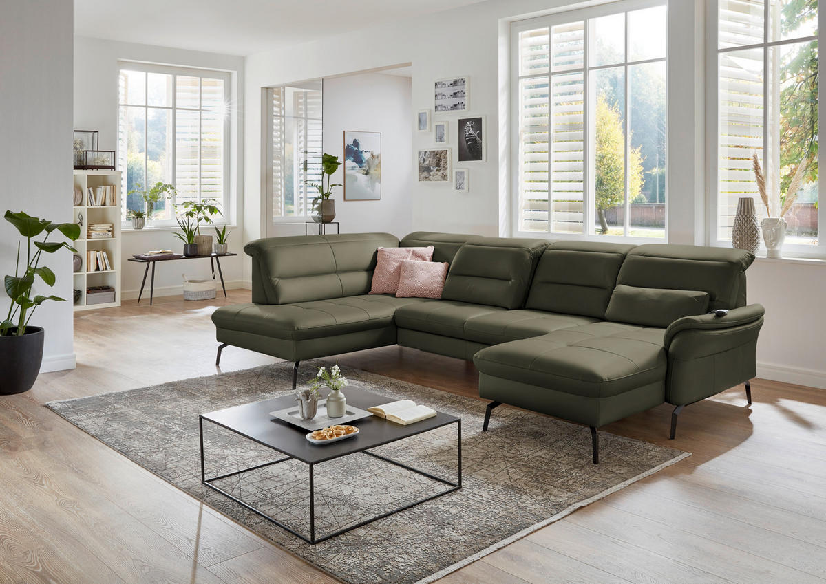 WOHNLANDSCHAFT Echtleder Grau, Grün  - Schwarz/Grau, Design, Leder/Metall (206/336/181cm) - Beldomo Speed