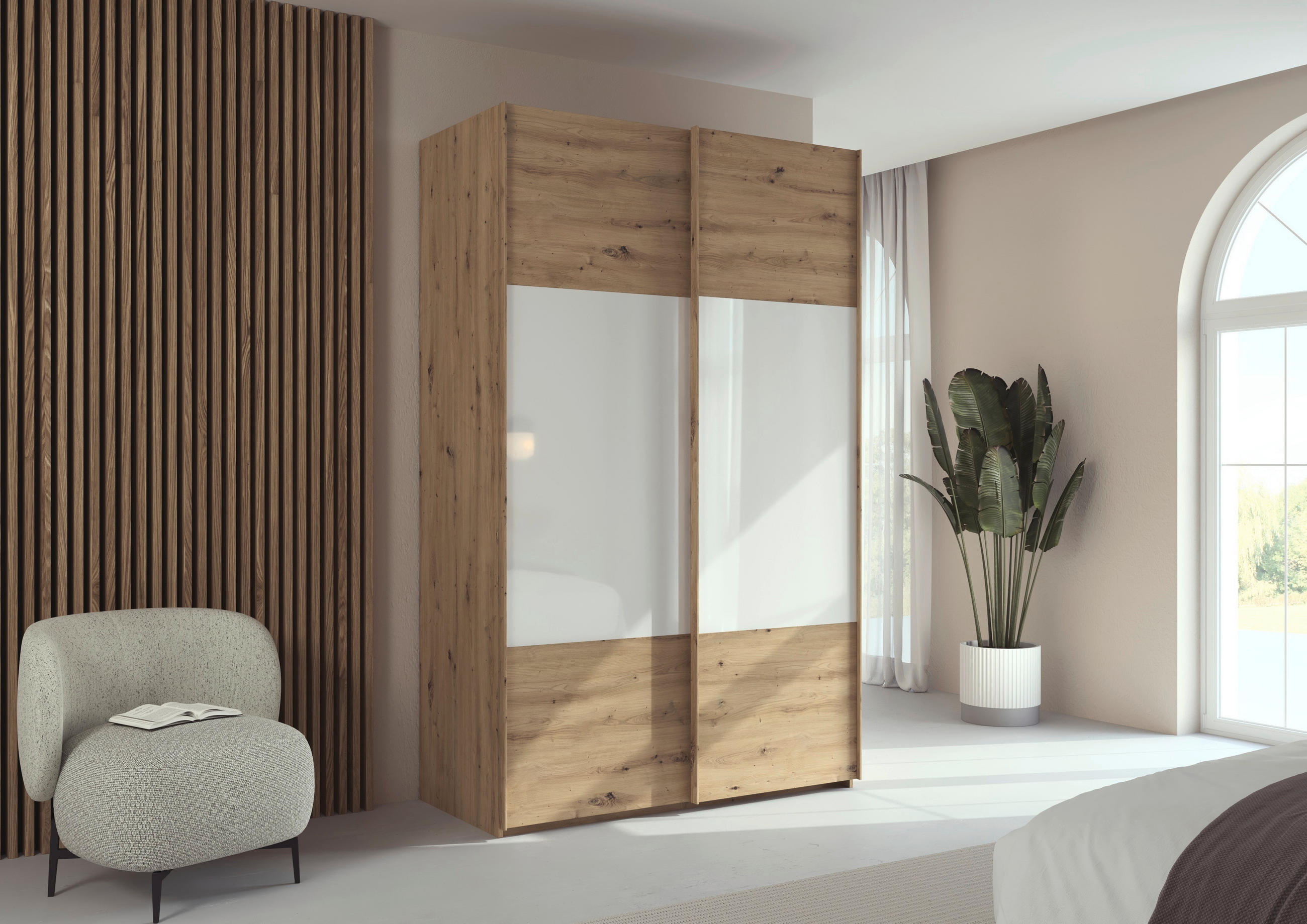 SCHWEBETÜRENSCHRANK 137/223/68 cm 2-türig Weiß, Eiche Artisan  - Eichefarben/Weiß, Design, Glas/Holzwerkstoff (137/223/68cm) - Xora