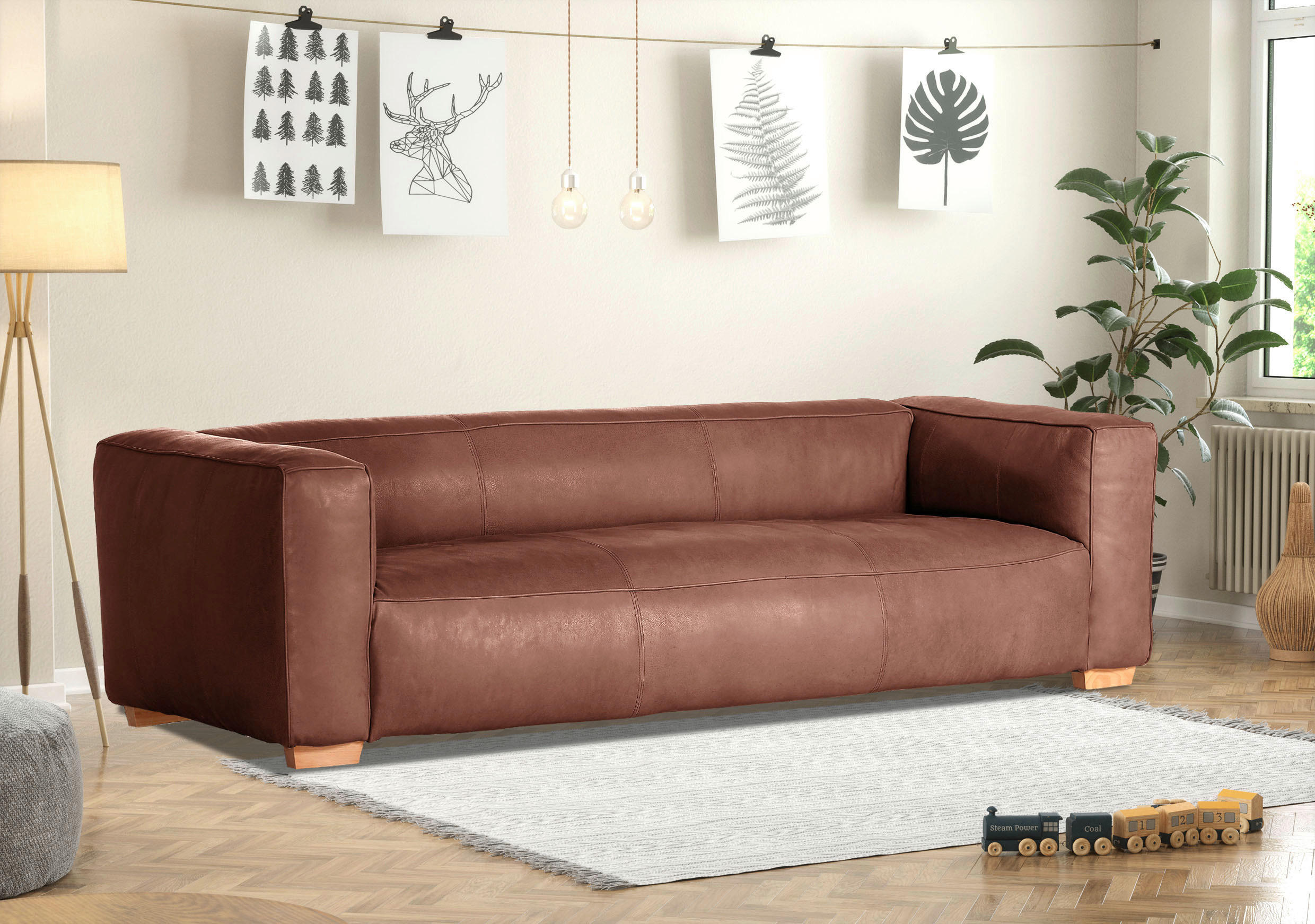 3-SITS SOFFA i äkta läder brun  - brun/naturfärgad, Klassisk, läder/trä (255/70/110cm) - Livetastic