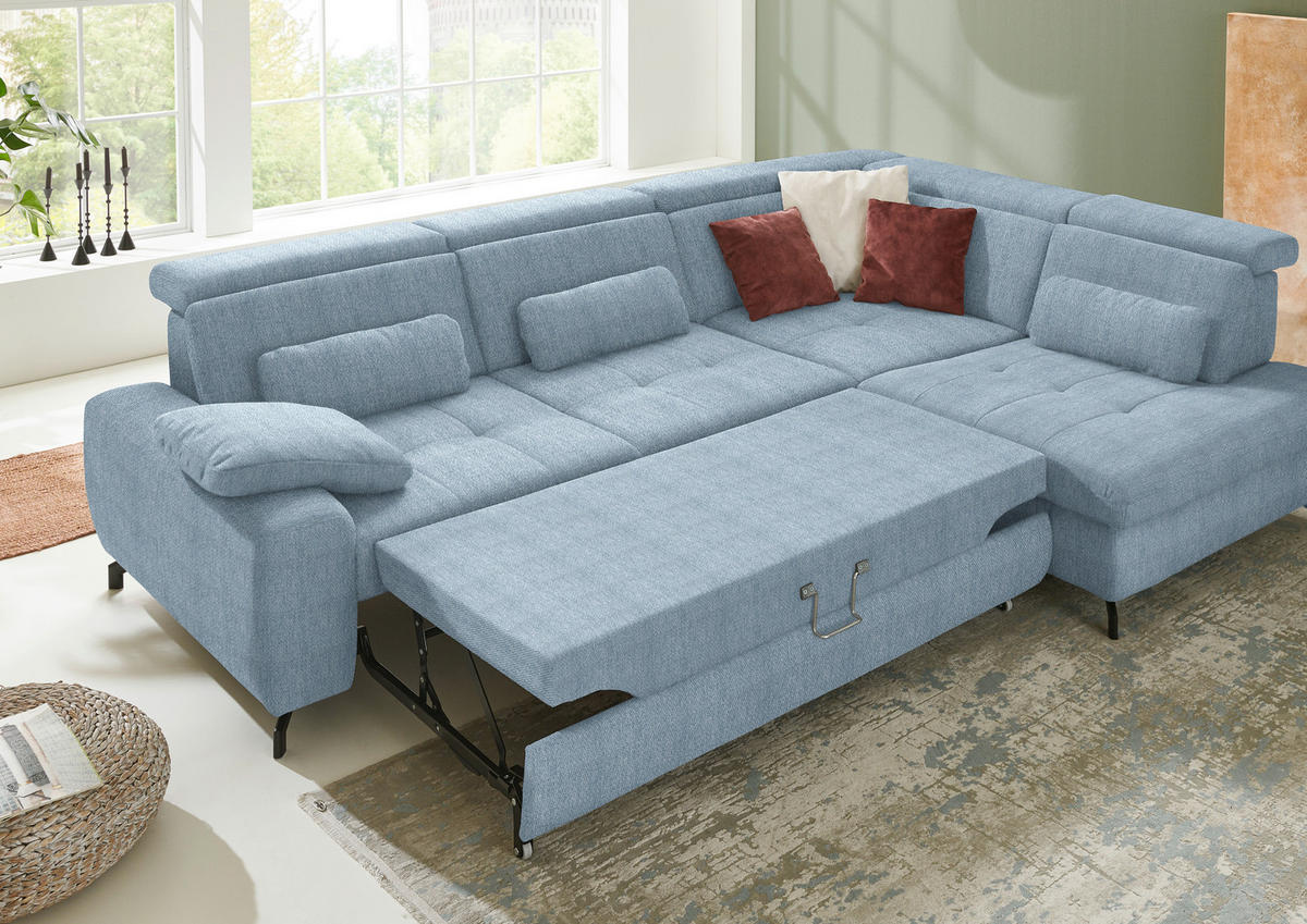 ECKSOFA in Chenille Hellblau  - Schwarz/Hellblau, Design, Textil/Metall (310/220cm) - Beldomo Style