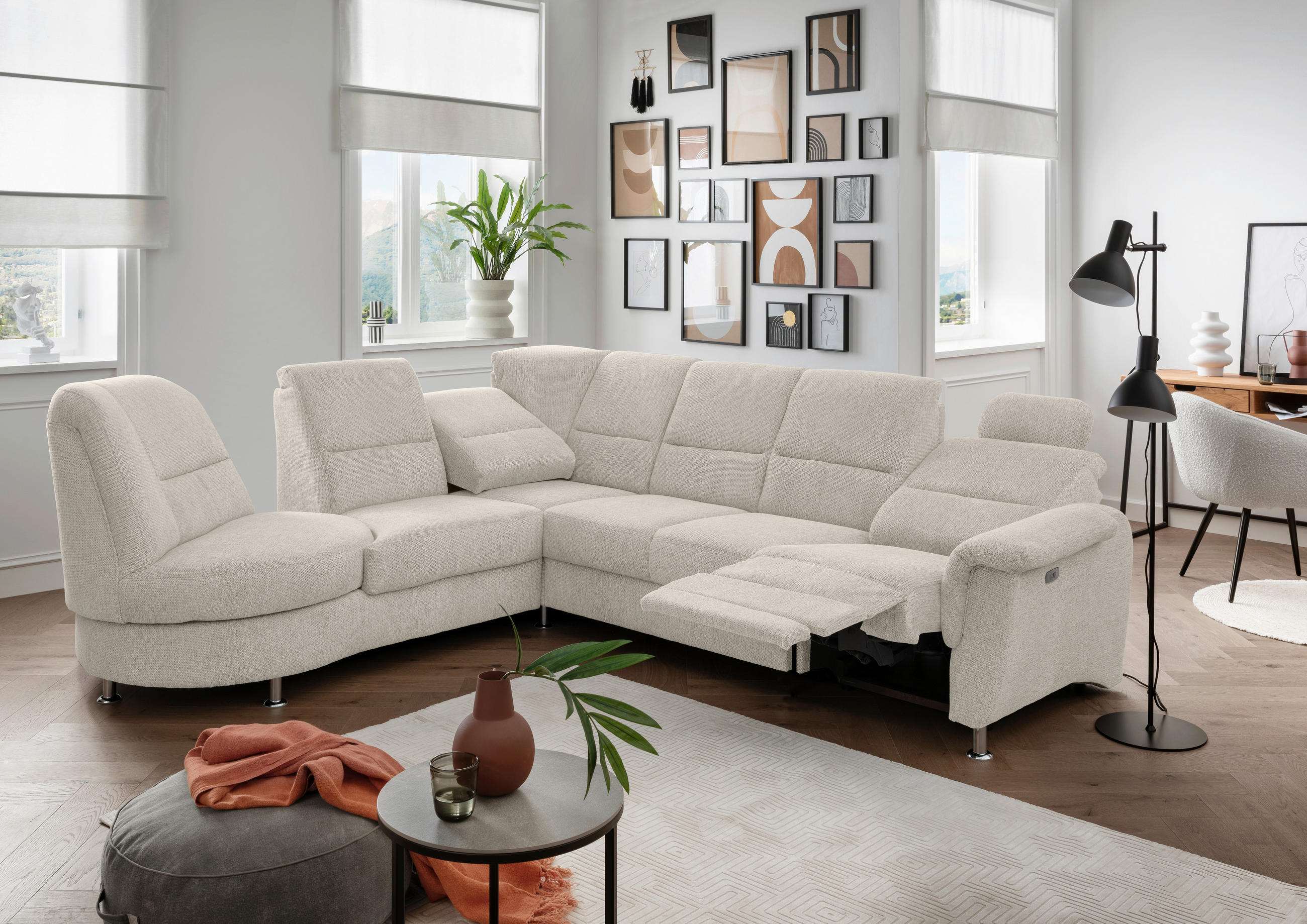 ECKSOFA Beige Chenille  - Chromfarben/Beige, MODERN, Textil/Metall (236/275cm) - Livetastic