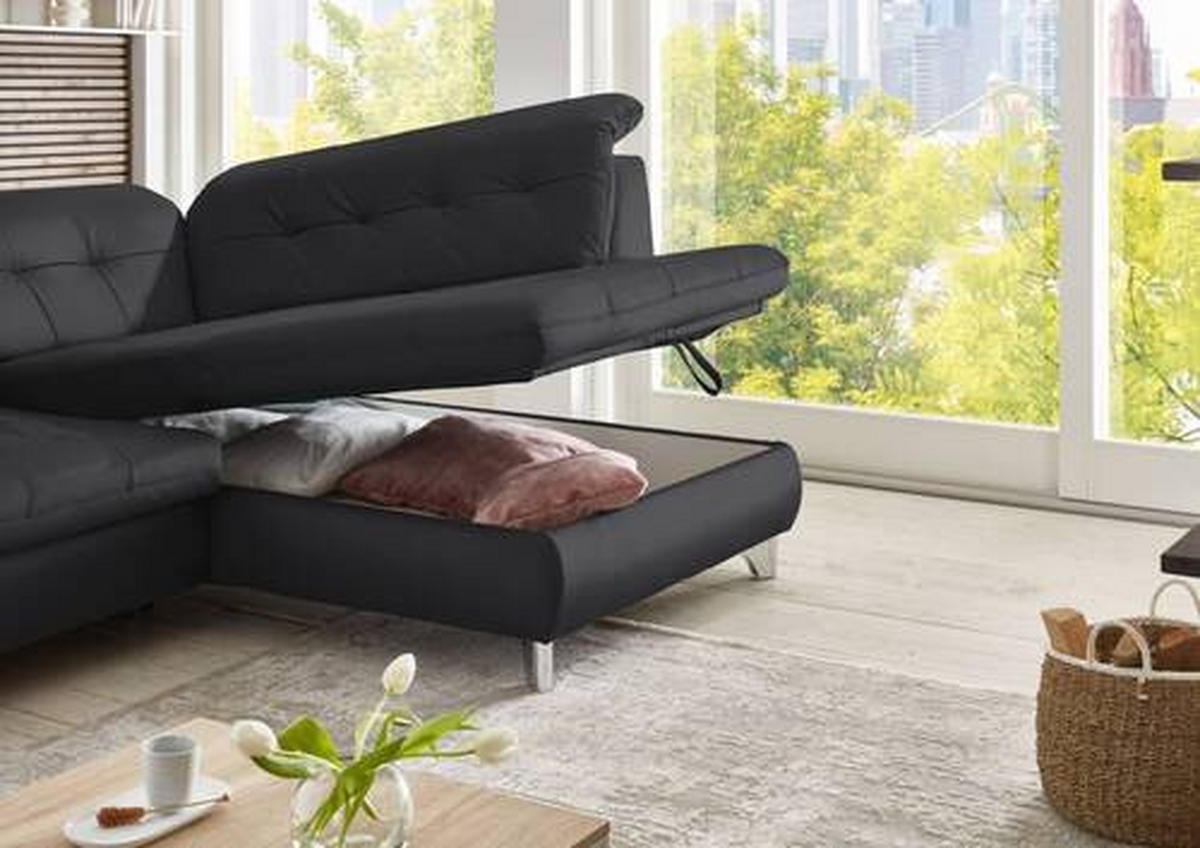 ECKSOFA in Echtleder Anthrazit  - Anthrazit/Alufarben, Design, Leder/Metall (309/211cm) - Beldomo Speed