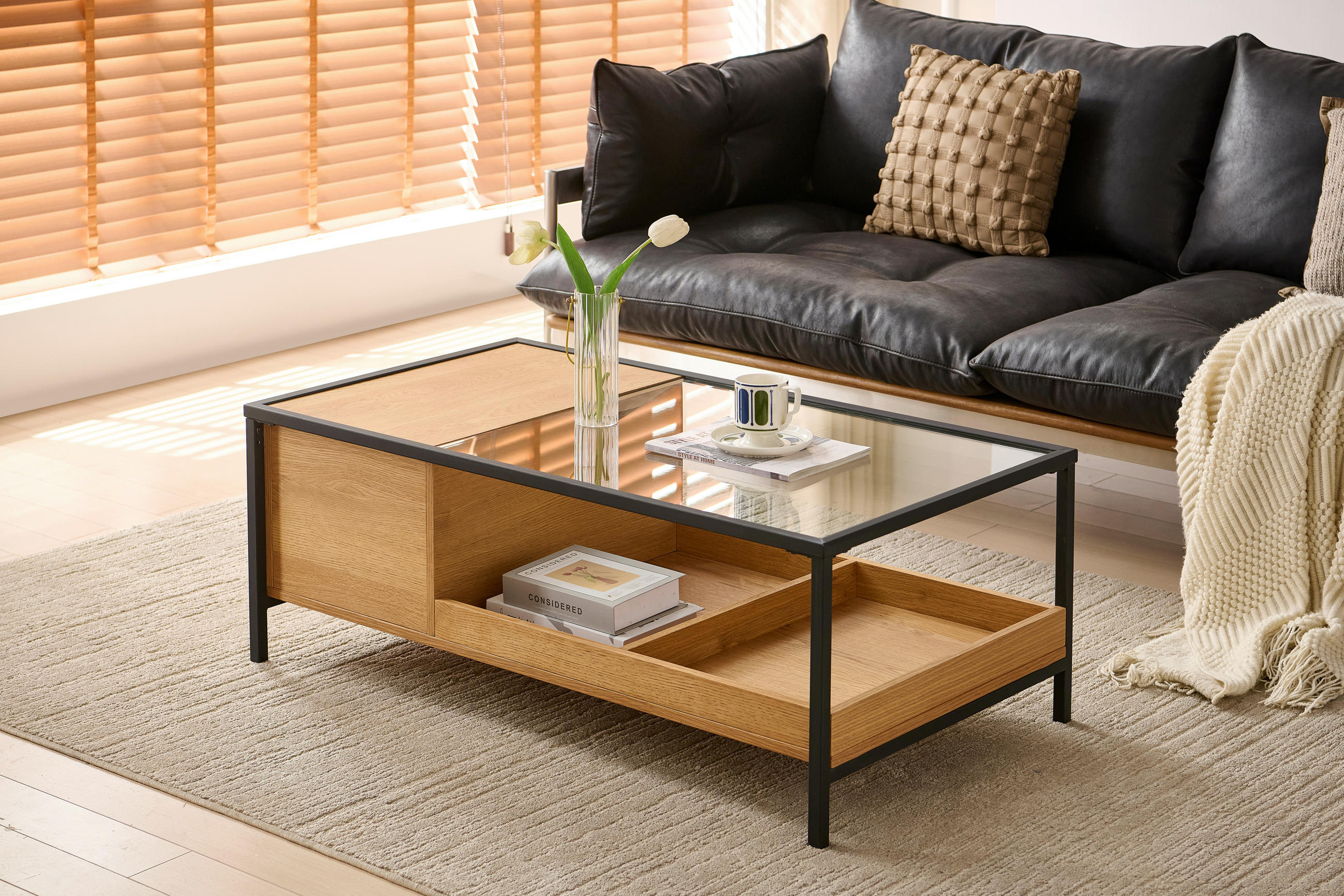COUCHTISCH Eiche furniert, massiv ESG 110/60/40 cm rechteckig Klar, Naturfarben, Schwarz  - Klar/Eichefarben, Natur, Glas/Holz (110/60/40cm) - Novel