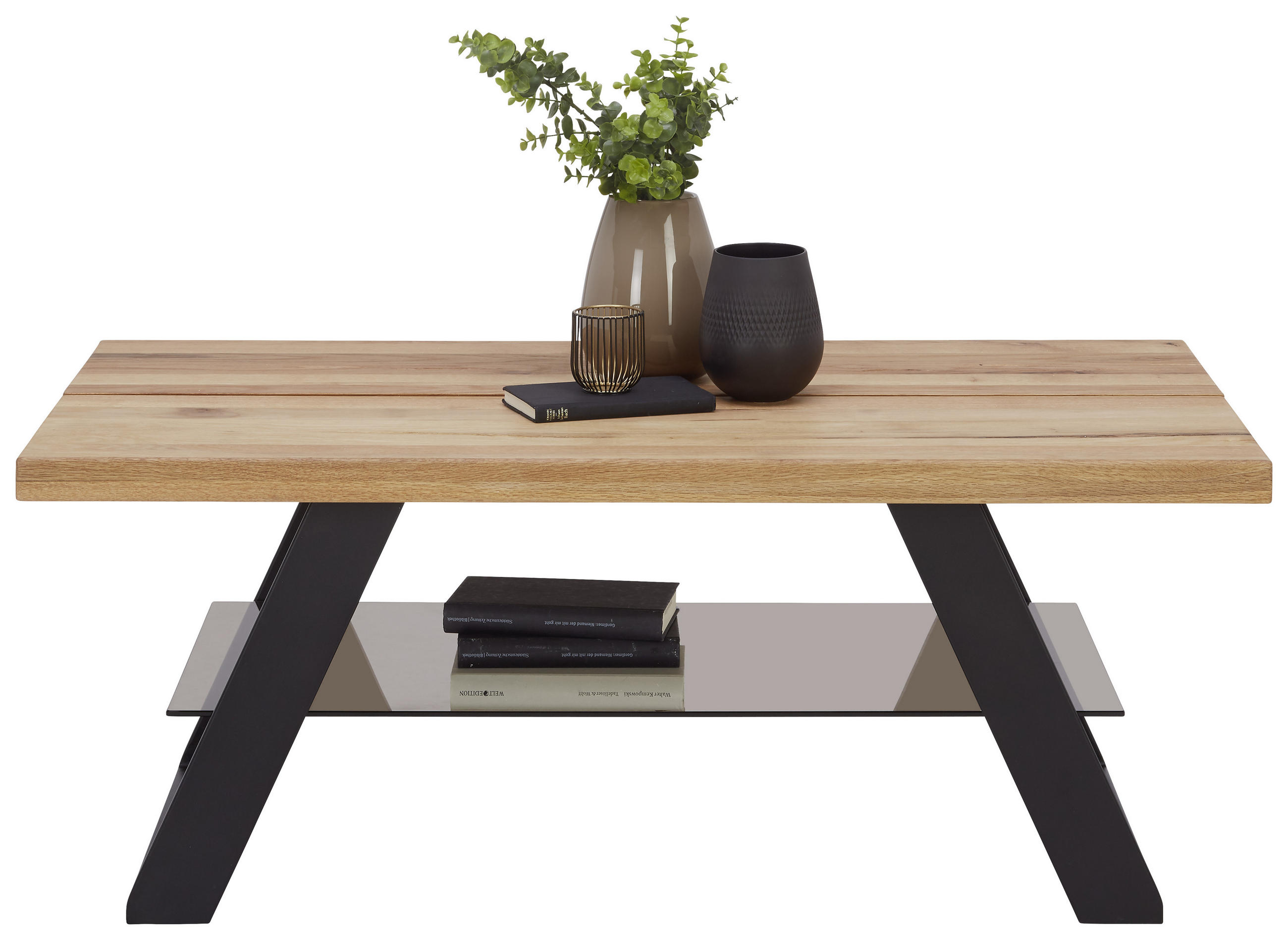 COUCHTISCH in Holz, Metall, Glas 115/65/45 cm - Eichefarben/Schwarz, Design, Glas/Holz (115/65/45cm) - Novel