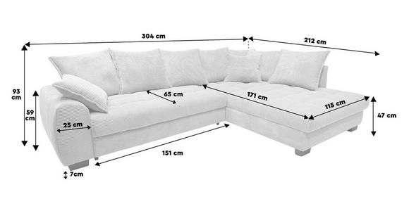 ECKSOFA Hellgrau Cord Rückenkissen, Armlehnenkissen, Bettkasten, Schlaffunktion, Rücken echt, Liegefläche im Originalstoff  - Hellgrau/Schwarz, KONVENTIONELL, Kunststoff/Textil (304/212cm) - Carryhome