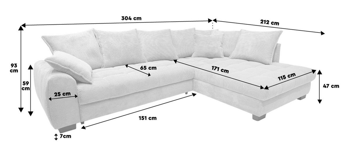 ECKSOFA Grau Cord Rückenkissen, Armlehnenkissen, Bettkasten, Schlaffunktion, Rücken echt, Liegefläche im Originalstoff  - Schwarz/Grau, KONVENTIONELL, Kunststoff/Textil (304/212cm) - Carryhome