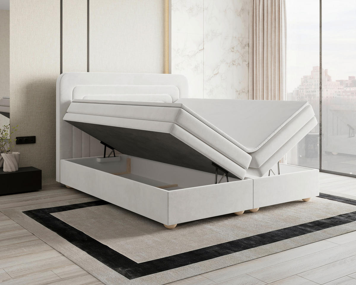 BOXBETT 160/200 cm,  in Creme, gepolstertes Kopfteil, Bettkasten, Topper, H2 + H3 = mittel + fest  - Creme/Bronzefarben, MODERN, Holz/Kunststoff (160/200cm) - Livetastic
