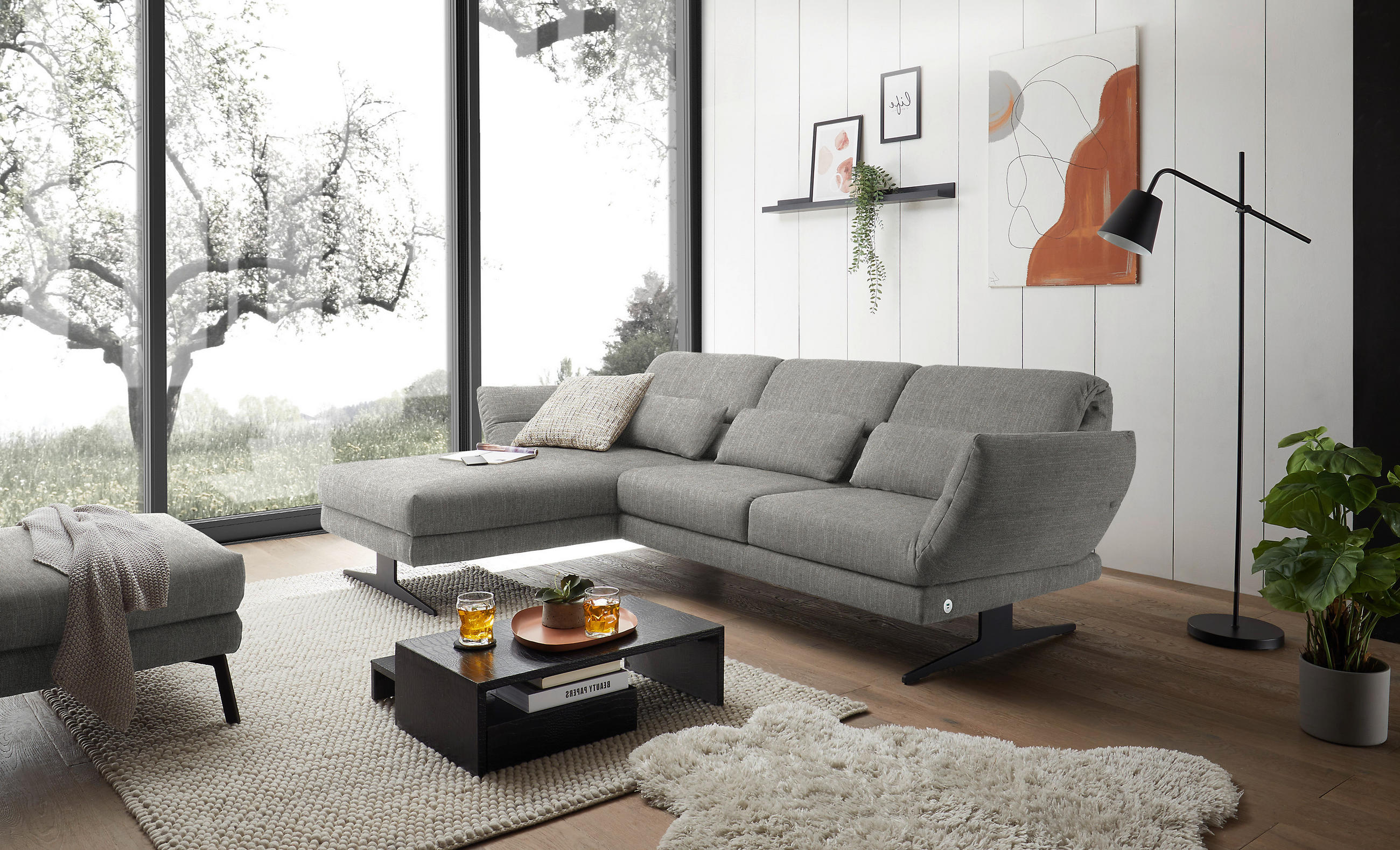 ECKSOFA in Flachgewebe Hellgrau  - Hellgrau/Schwarz, Design, Textil/Metall (176-217/279-327cm) - Dieter Knoll
