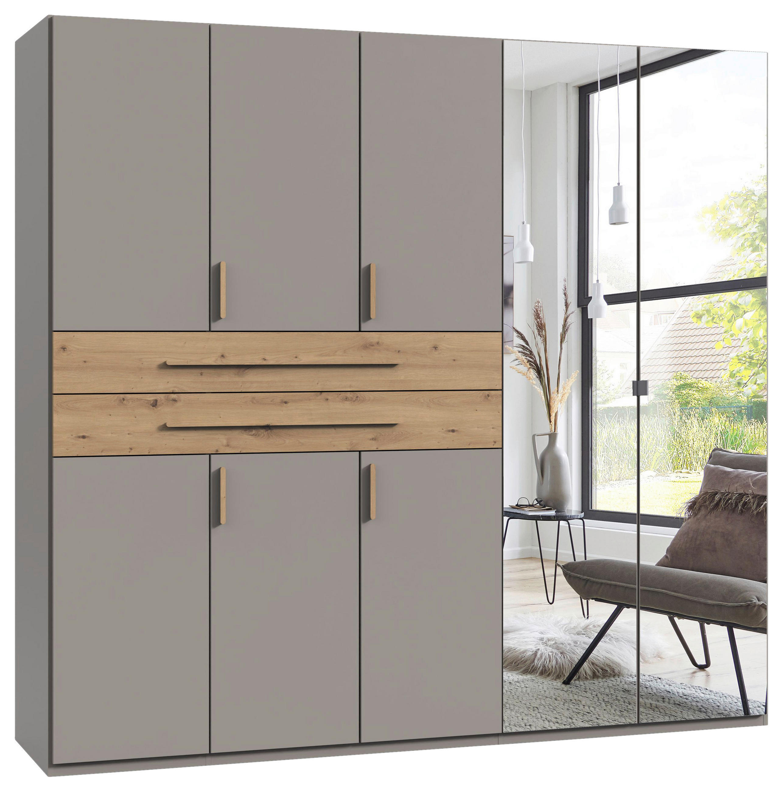 OMARA ZA OBLAČILA, siva, sahara, hrast artisan  - sahara/siva, Design, steklo/leseni material (225/208/65cm) - Carryhome