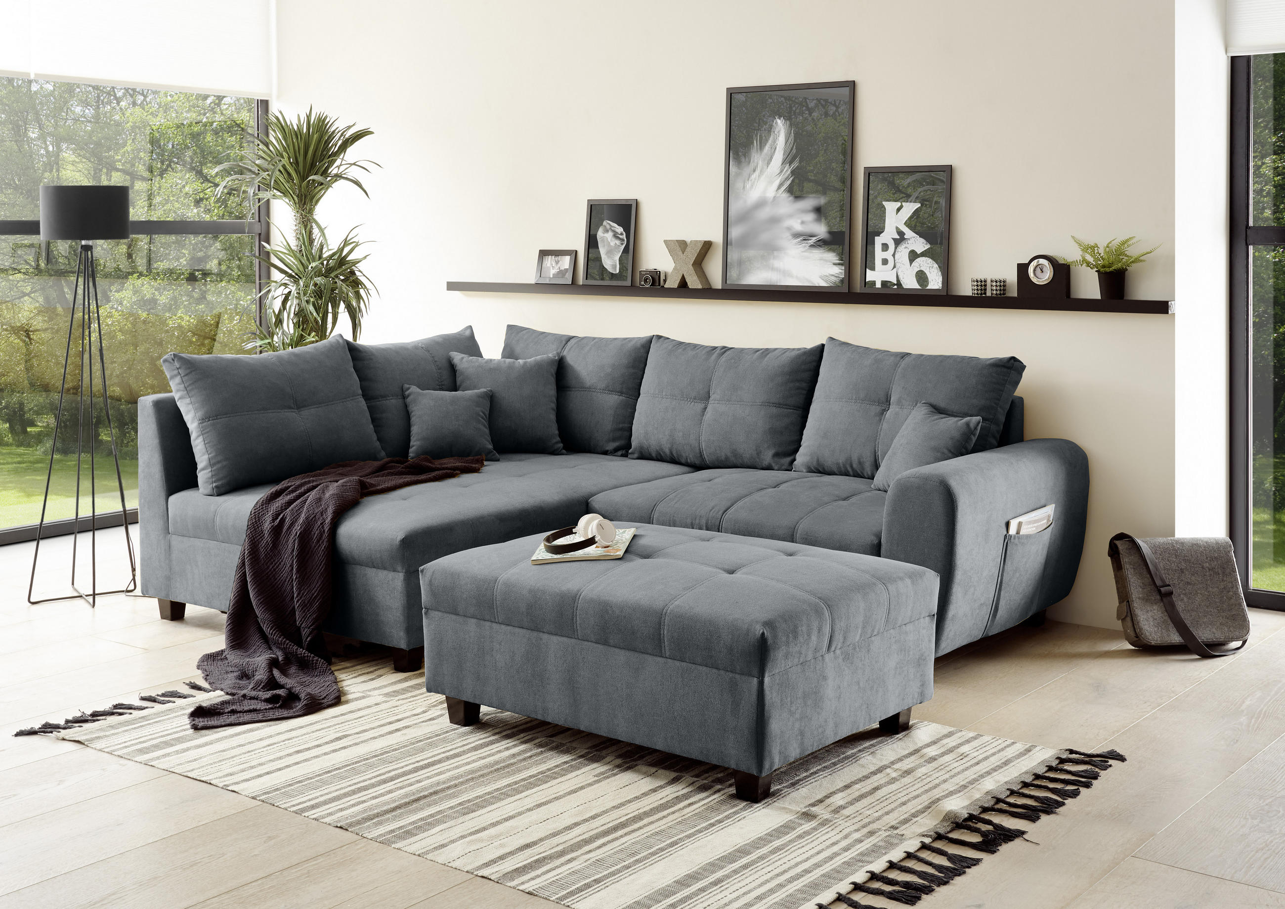 ECKSOFA inkl. Hocker Anthrazit Mikrovelours  - Anthrazit/Schwarz, Basics, Kunststoff/Textil (176/248cm) - MID.YOU