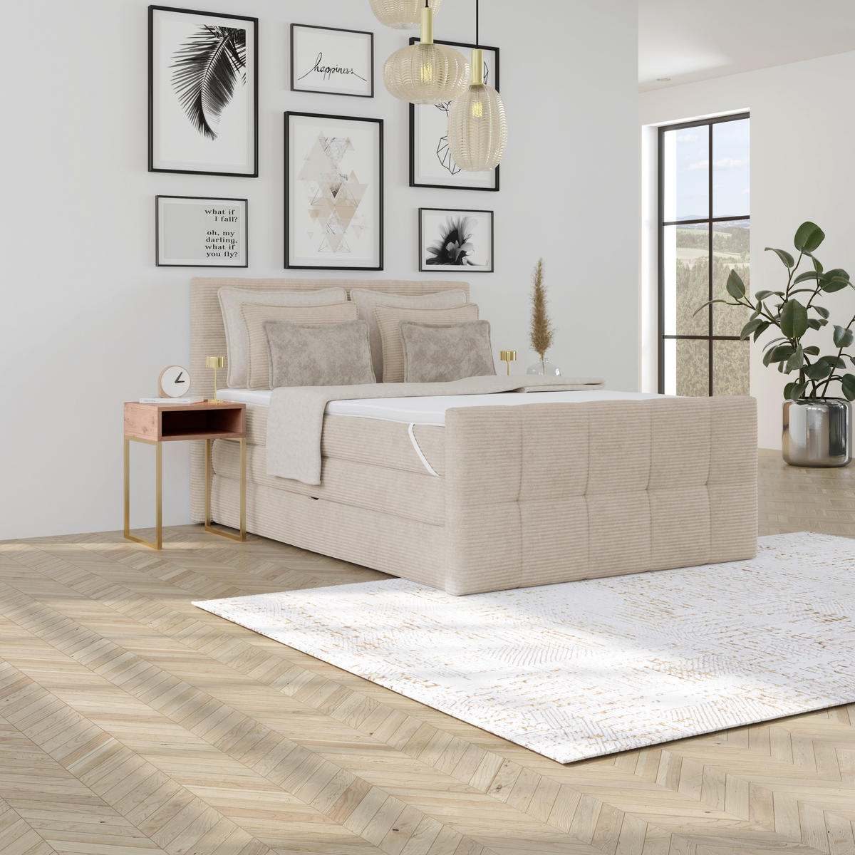 BOXSPRINGBETT 140/200 cm,  in Beige, gepolstertes Kopfteil, Bettkasten, Topper, Matratzen, H3 + H3 = fest  - Beige, KONVENTIONELL, Holz/Holzwerkstoff (140/200cm)