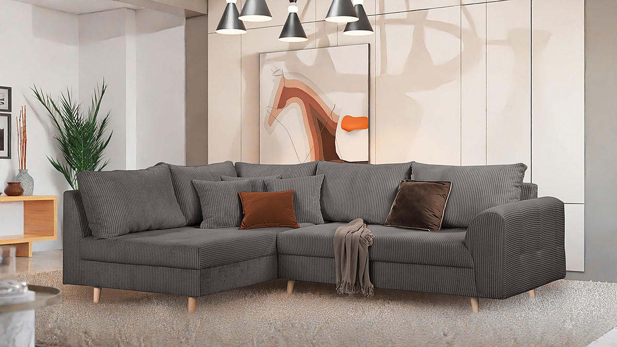 ECKSOFA inkl. Hocker Ariella Dunkelgrau Cord  - Dunkelgrau/Naturfarben, Design, Holz/Textil (161/231cm) - Livetastic