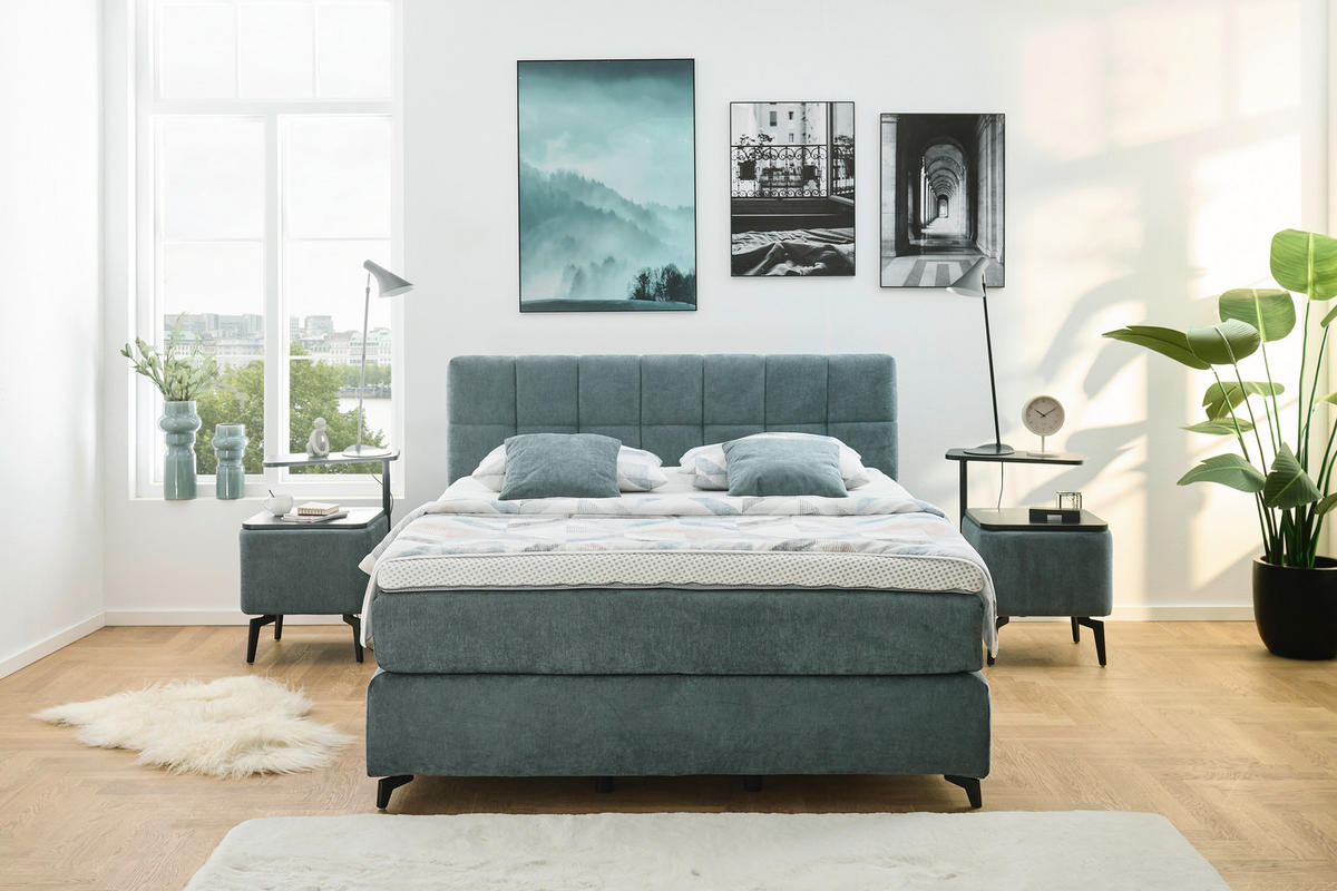 BOXSPRINGBETT 160/200 cm,  in Graublau, Matratze, gepolstertes Kopfteil, Topper, H2 + H3 = mittel + fest  - Graublau/Schwarz, MODERN, Textil/Metall (160/200cm) - Hukla