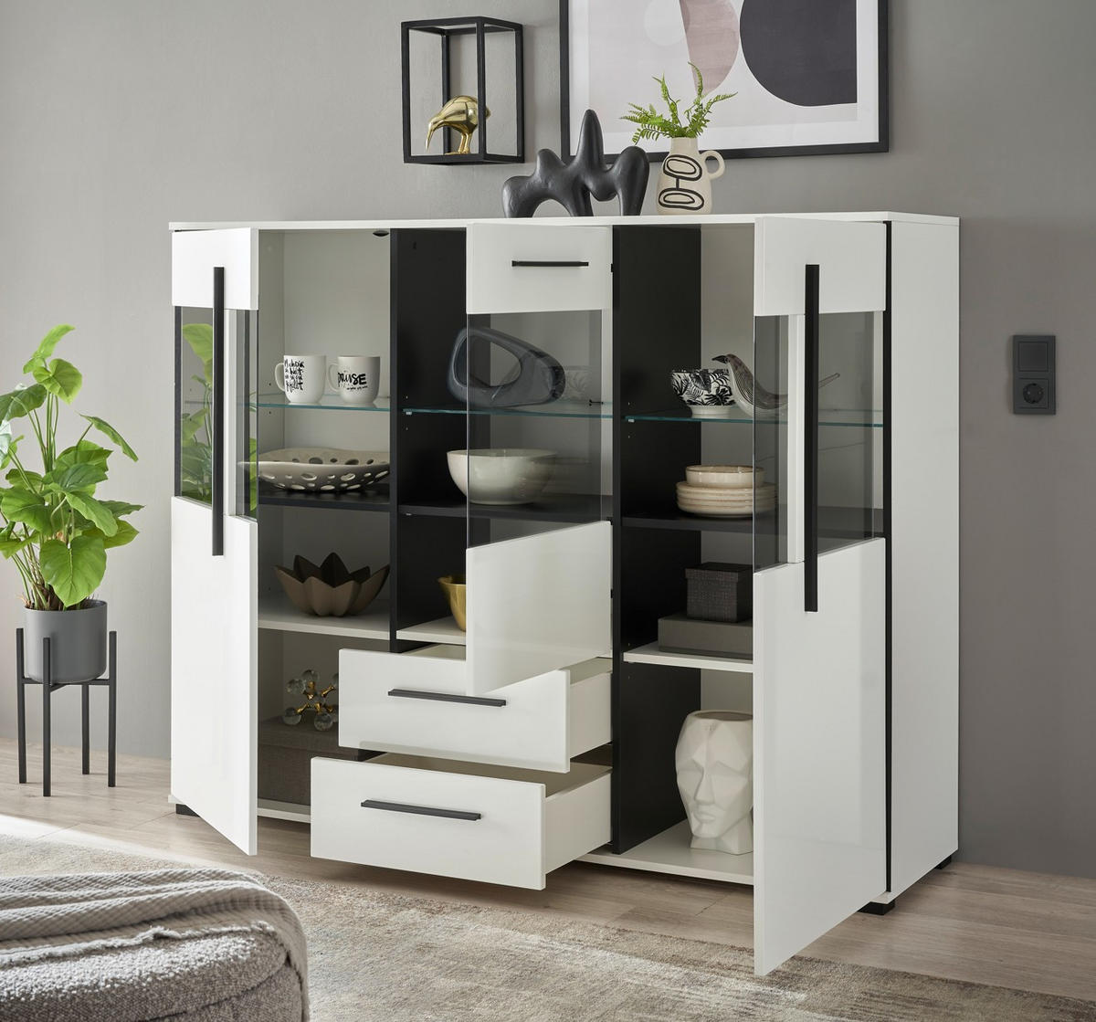 HIGHBOARD  160/126/42 cm 2 Schublade(n)  - Eichefarben/Weiß Hochglanz, Design, Glas/Holzwerkstoff (160/126/42cm) - Livetastic