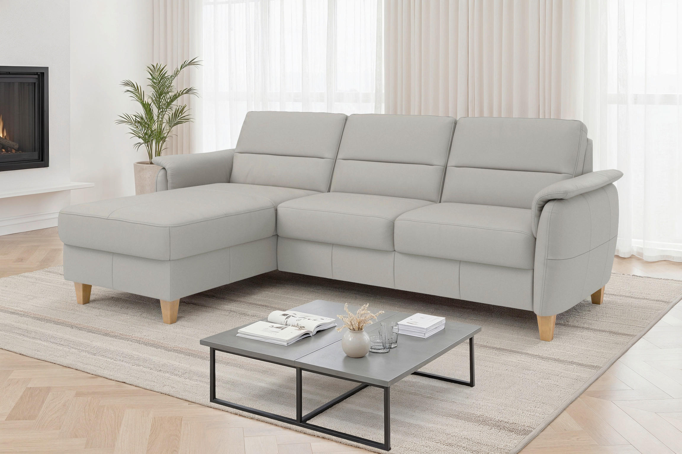 ROHOVÁ SEDAČKA, koža, svetlosivá - farba duba/svetlosivá, Basics, koža/drevo (163/244cm) - Sit & More