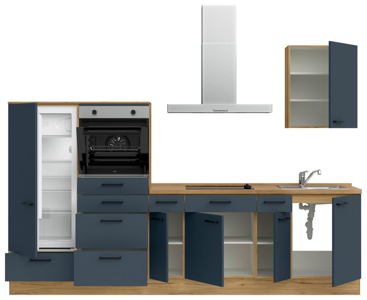 KÜCHENBLOCK Easytouch 300 cm  in Blau, Eichefarben  - Blau/Eichefarben, MODERN, Holzwerkstoff/Metall (300cm) - Nobilia