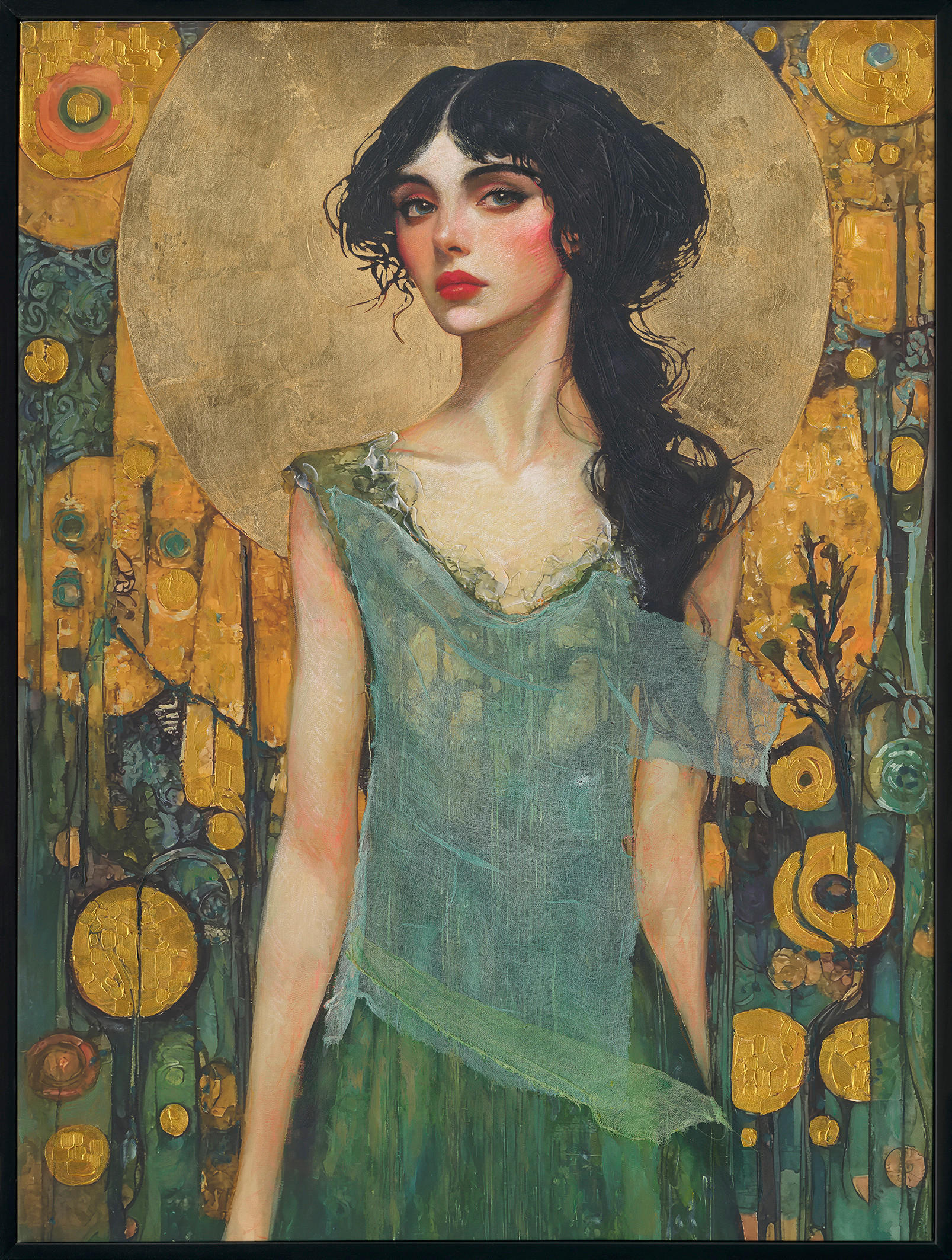 Monee Bild Grün, Schwarz, Gold, Beige 90x120 cm
