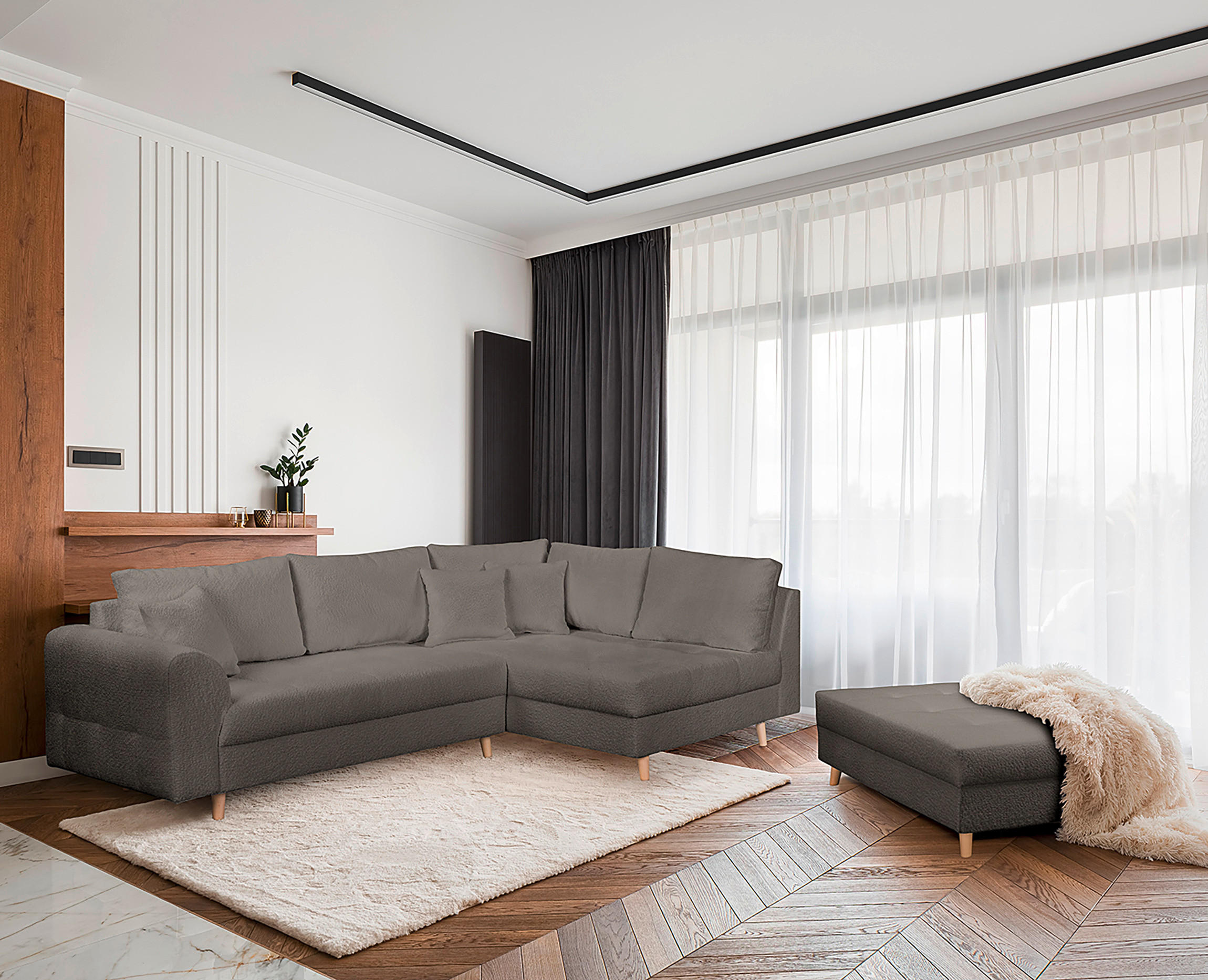 ECKSOFA inkl. Hocker Ariella in Bouclé Dunkelgrau  231/161 cm  - Dunkelgrau/Naturfarben, Design, Holz/Textil (231/161cm) - Livetastic