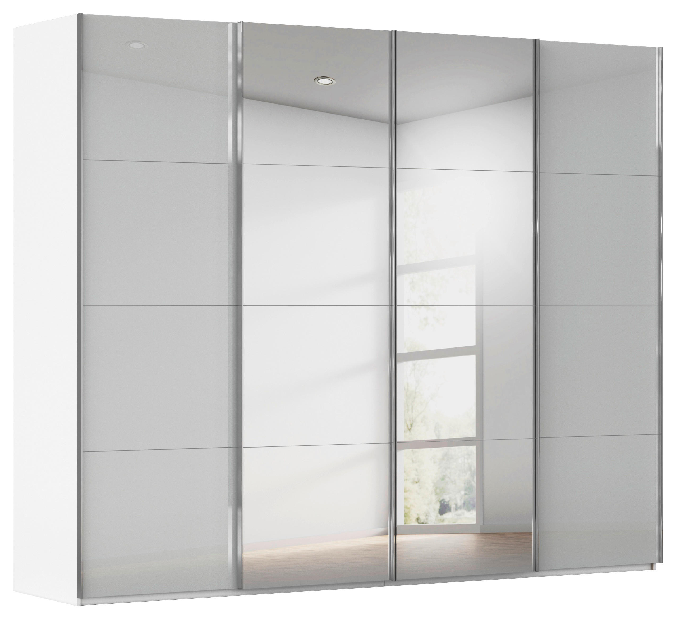 SCHWEBETÜRENSCHRANK 271/223/68 cm 4-türig Grau, Weiß  - Chromfarben/Weiß, Design, Glas/Holzwerkstoff (271/223/68cm) - Novel