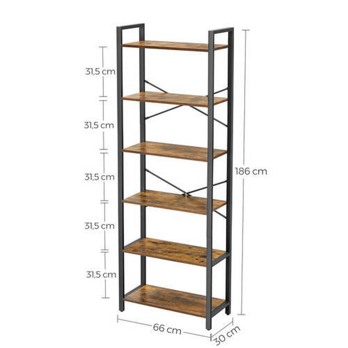 REGAL  66/186/30 cm  - Schwarz/Braun, Trend, Holzwerkstoff/Metall (66/186/30cm) - Boxxx
