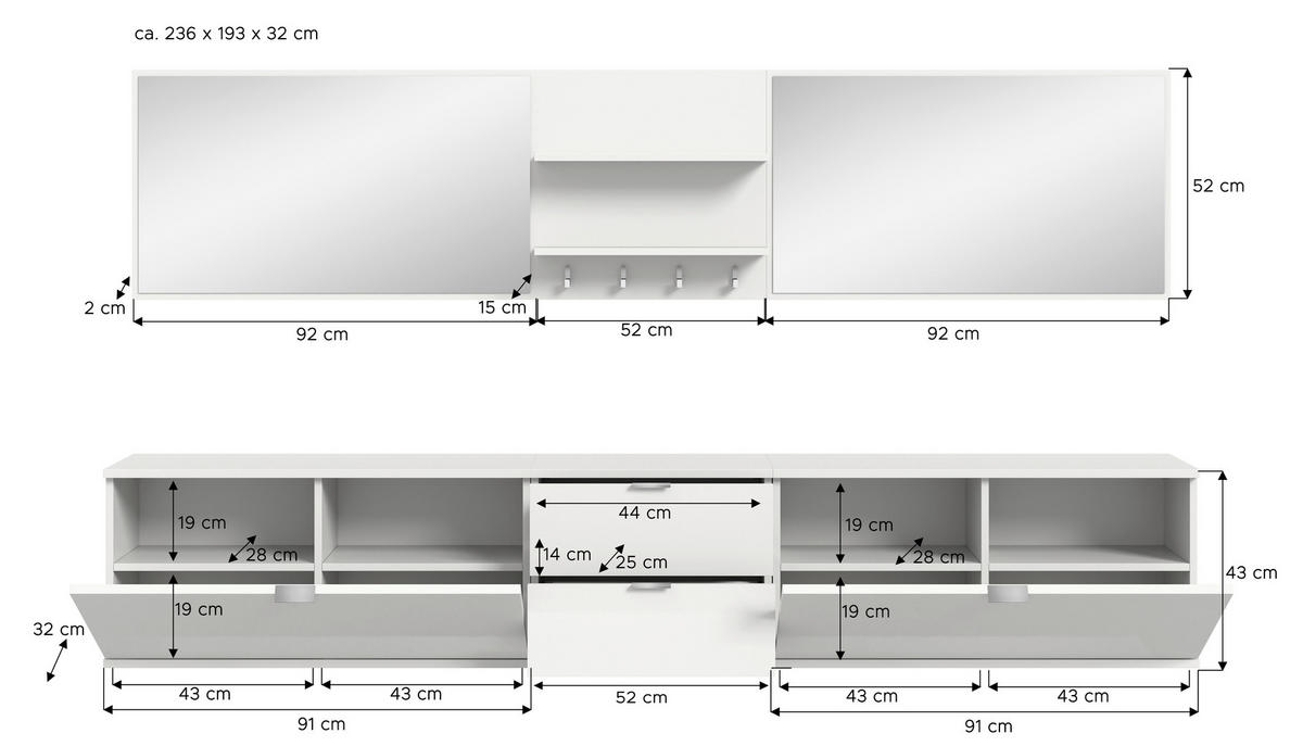 GARDEROBE 6-teilig  in 236/193/32 cm  - Weiß Hochglanz/Weiß, Design, Holzwerkstoff (236/193/32cm) - Livetastic