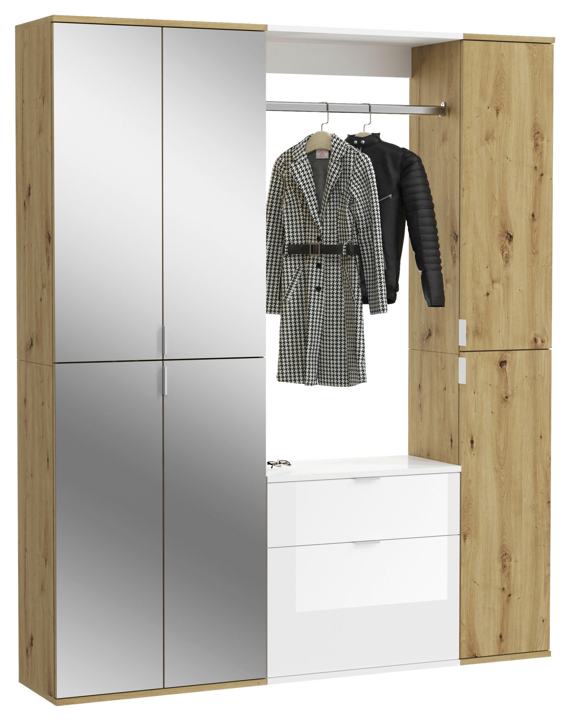 GARDEROBE 3-teilig  in 152/193/34 cm  - Weiß Hochglanz, KONVENTIONELL, Glas/Holzwerkstoff (152/193/34cm) - MID.YOU