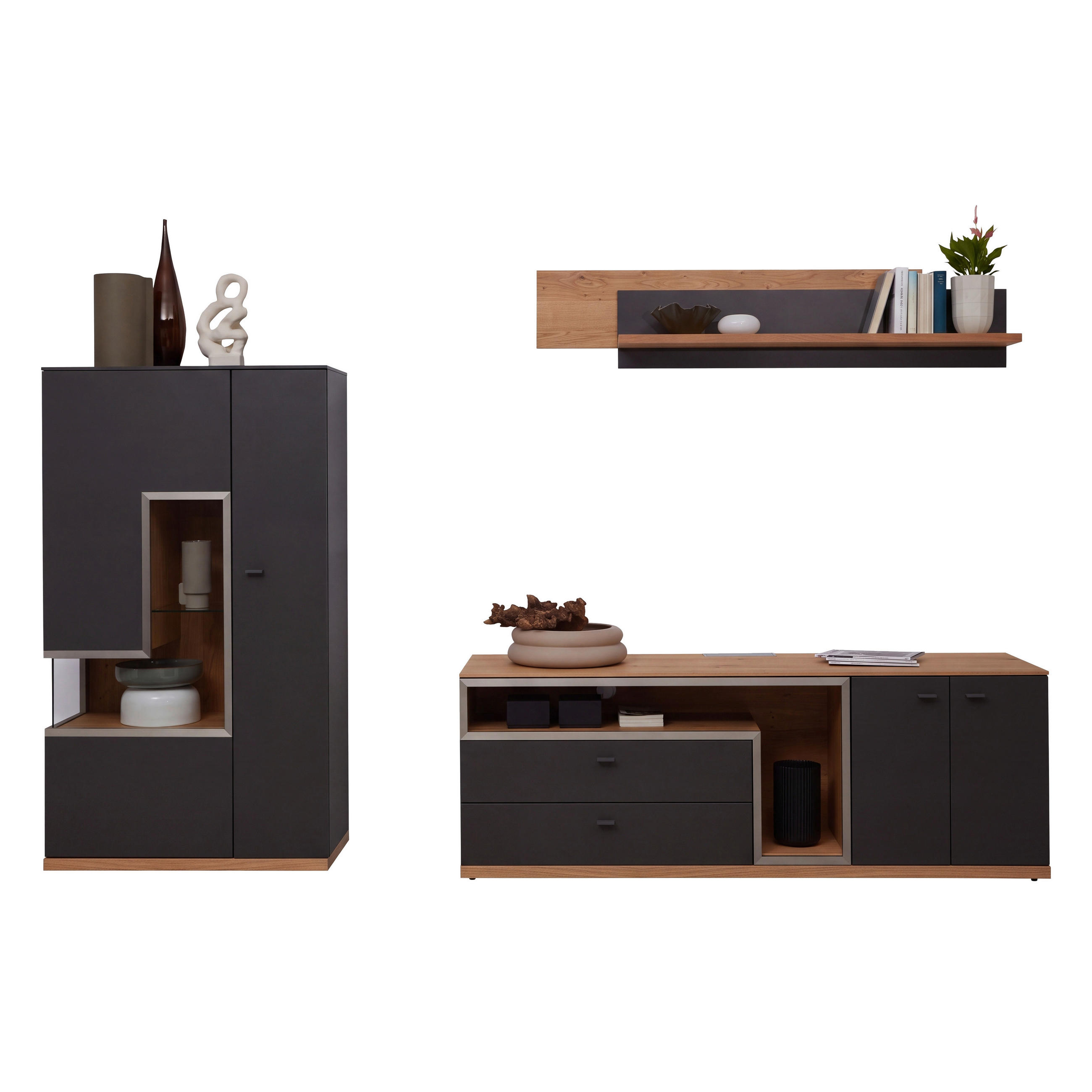 WOHNWAND 3-teilig  in Grau, Eichefarben  290/161/52 cm    - Schieferfarben/Eichefarben, Design, Glas/Holz (290/161/52cm) - Dieter Knoll