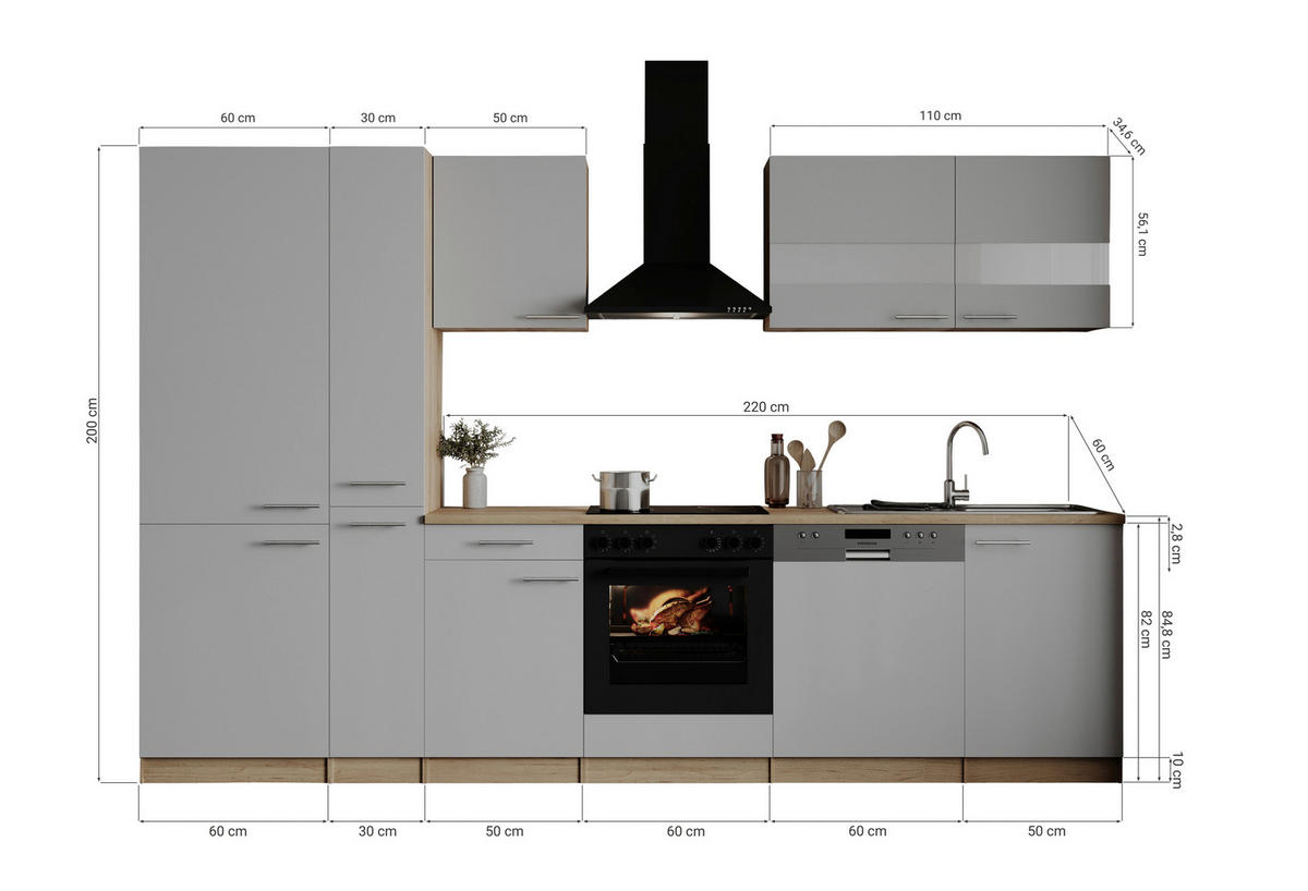 KÜCHENBLOCK 310 cm   in Grau  - Edelstahlfarben/Eichefarben, Basics, Holzwerkstoff/Metall (310cm) - Respekta