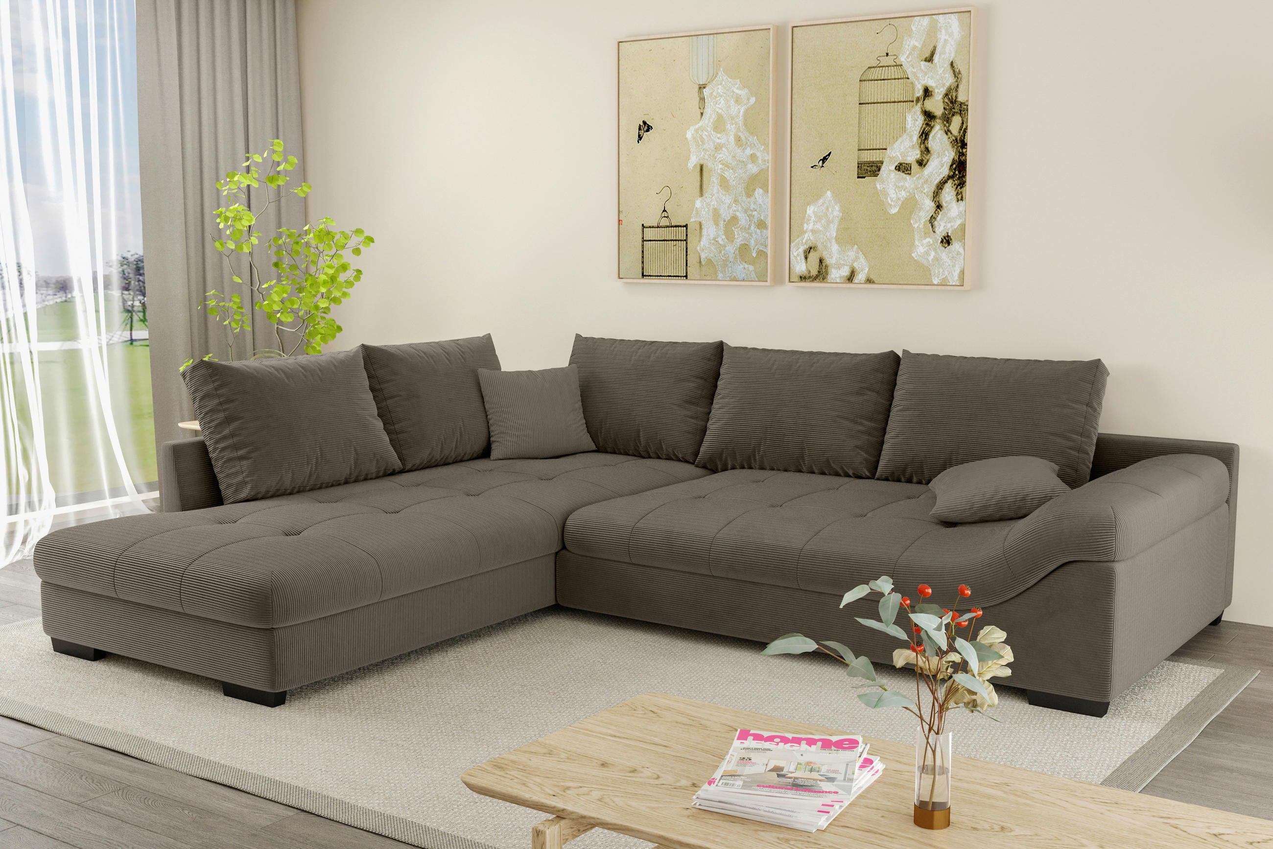 ECKSOFA in Cord Taupe  - Taupe/Schwarz, Konventionell, Holz/Textil (202/298cm) - MID.YOU