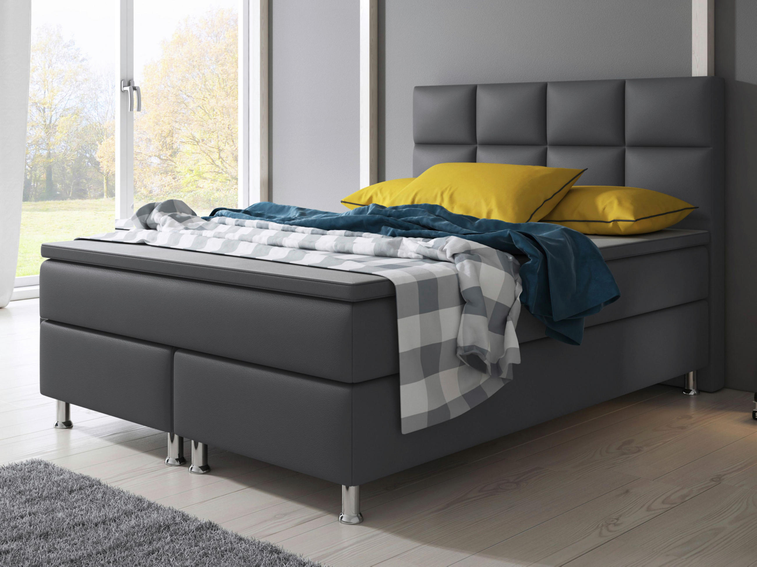 Boxspringbett mit Topper /  in Anthrazit  - Anthrazit/Silberfarben, KONVENTIONELL, Leder/Textil (140/115/210cm) - MID.YOU